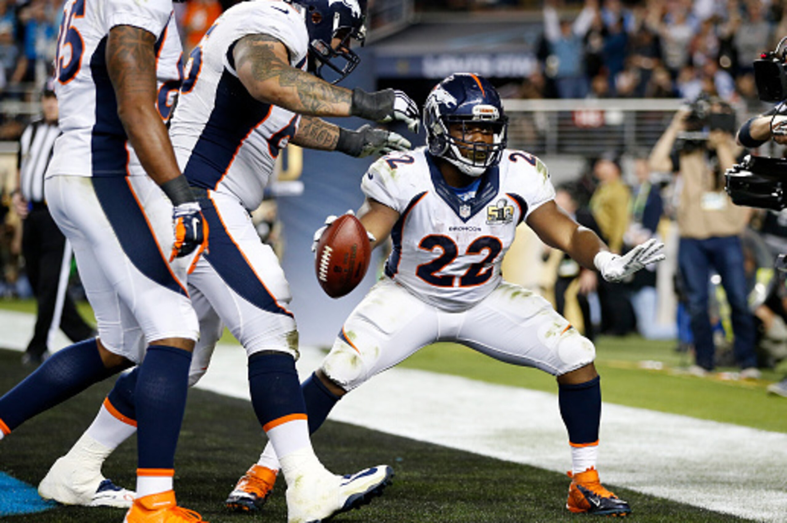 SANTA CLARA, CA - FEBRUARY 07:  C.J. Anderson #22 of the Denver Broncos celebrates after scoring a 2-yard touchdown in the fourth quarter against the Carolina Panthers during Super Bowl 50 at Levi's Stadium on February 7, 2016 in Santa Clara, California. 