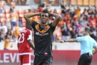 Mar 6, 2016; Houston, TX, USA; Houston Dynamo forward Mauro Manotas (19) reacts after a play during the second half against the New England Revolution at BBVA Compass Stadium. The Dynamo and Revolution tied 3-3. Mandatory Credit: Troy Taormina-USA TODAY S