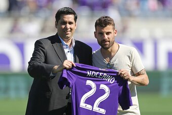 ORLANDO, FL - MARCH 06:  Orlando City majority owner Flavio Augusto Da Silva introduces new signee Nocerino during a  MLS soccer match between Real Salt Lake and the Orlando City SC at the Orlando Citrus Bowl on March 6, 2016 in Orlando, Florida. Kaka wil