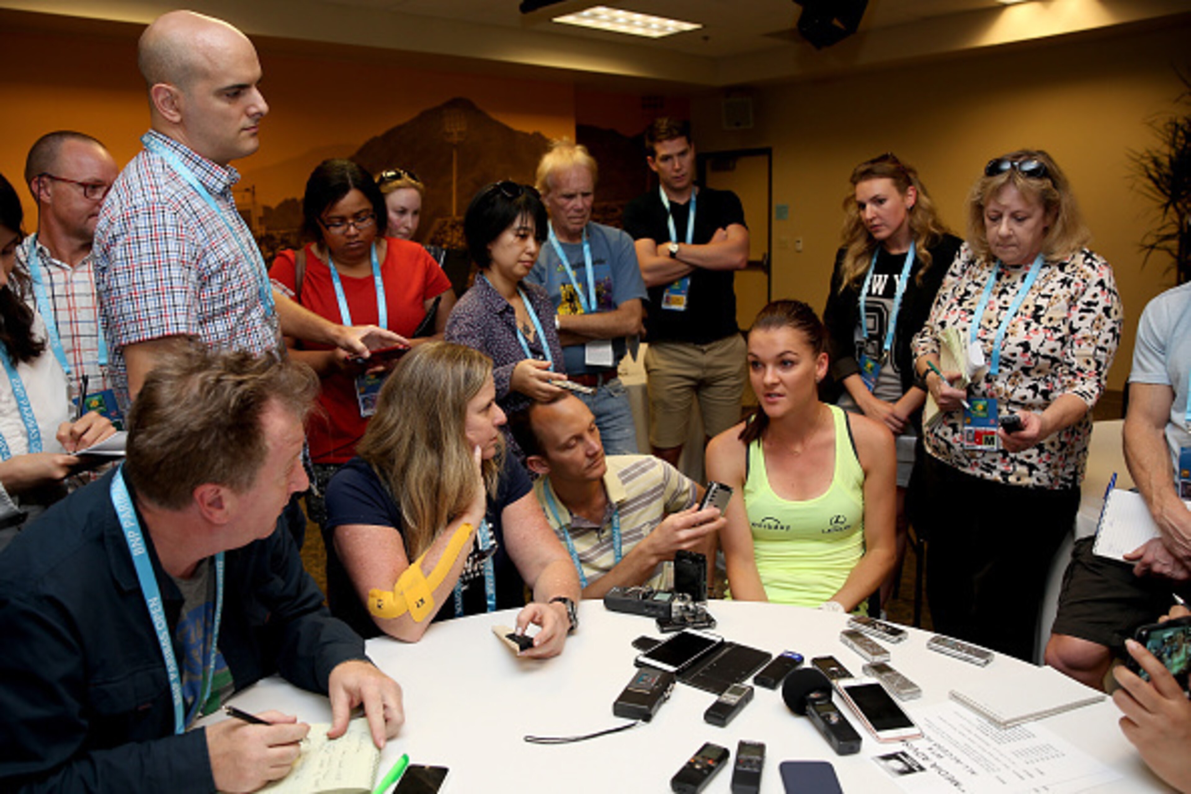 INDIAN WELLS, CA - MARCH 09:  Agnieszka Radwanska of Poland fields questions from the media at the WTA All-Access Hour during the BNP Paribas Open at the Indian Wells Tennis Garden on March 9, 2016 in Indian Wells, California.  (Photo by Matthew Stockman/