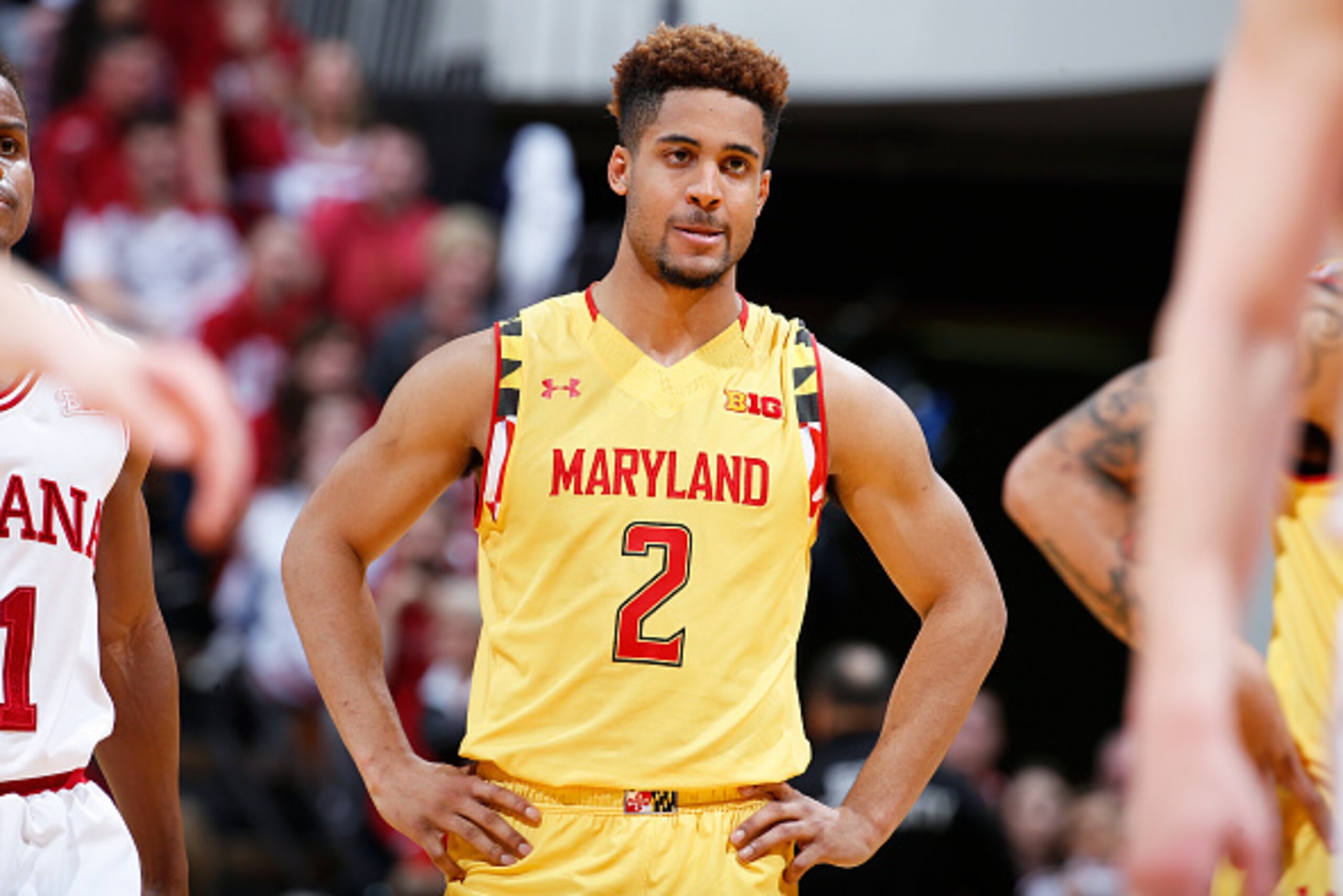 BLOOMINGTON, IN - MARCH 6: Melo Trimble #2 of the Maryland Terrapins looks on against the Indiana Hoosiers during the game at Assembly Hall on March 6, 2016 in Bloomington, Indiana. Indiana defeated Maryland 80-62. (Photo by Joe Robbins/Getty Images)