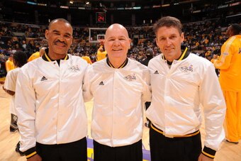 LOS ANGELES - JUNE 17:  Officials Danny Crawford, Joey Crawford, and Scott Foster pose for a photograph before a game between the Boston Celtics and the Los Angeles Lakers in Game Seven of the 2010 NBA Finals on June 17, 2010 at Staples Center in Los Ange