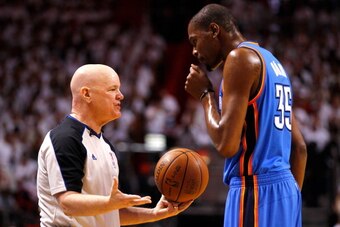 MIAMI, FL - JUNE 17:  Referee Joey Crawford #17 talkes with Kevin Durant #35 of the Oklahoma City Thunder on court against the Miami Heat in Game Three of the 2012 NBA Finals on June 17, 2012 at American Airlines Arena in Miami, Florida.  NOTE TO USER: Us