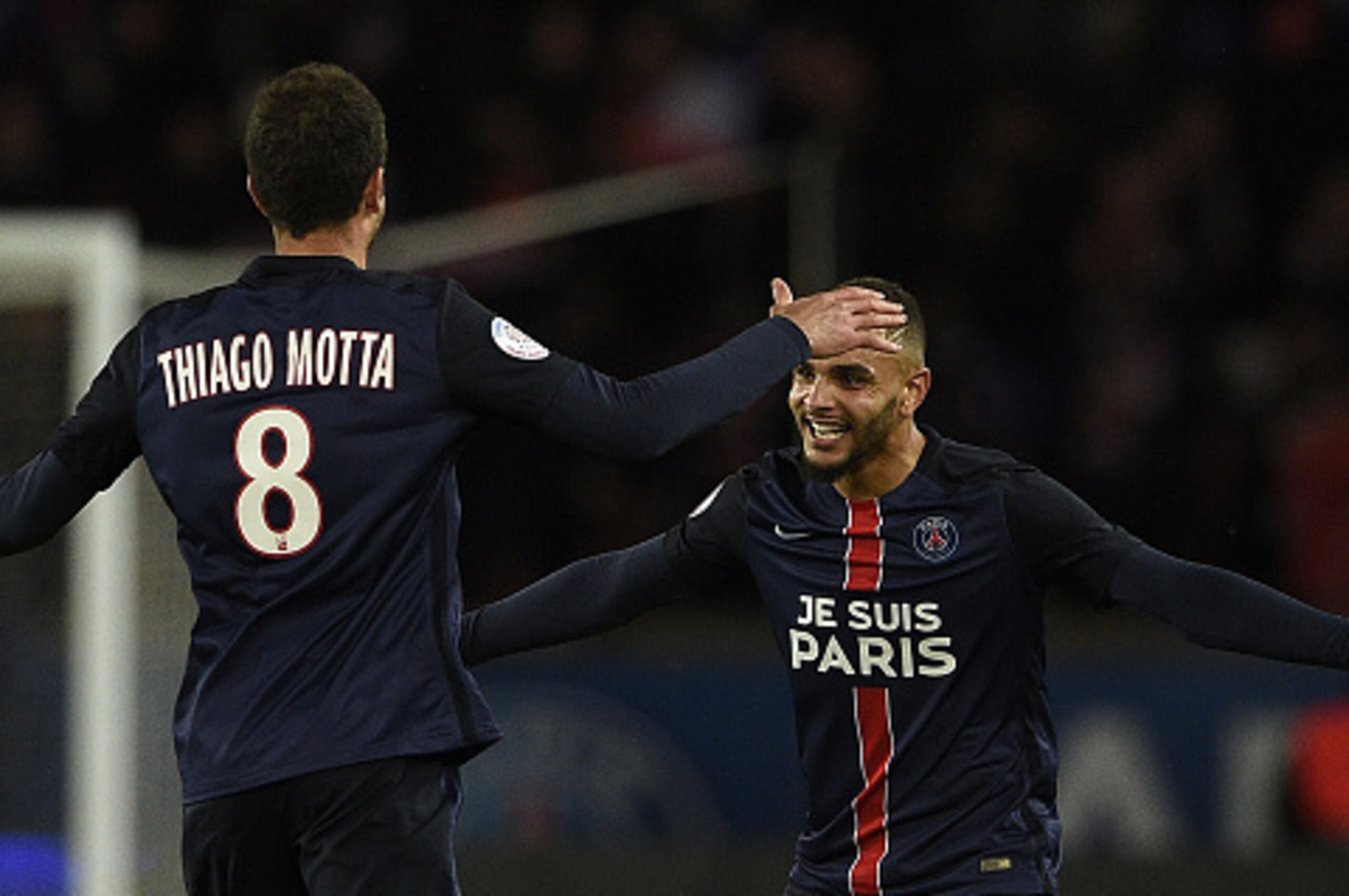 Paris Saint-Germain's French defender Layvin Kurzawa (R) celebrates with Paris Saint-Germain's Italian midfielder Thiago Motta during the French L1 football match between Paris Saint-Germain (PSG) and Troyes at the Parc des Princes stadium in Paris on Nov Paris Saint-Germain's French defender Layvin Kurzawa (R) celebrates with Paris Saint-Germain's Italian midfielder Thiago Motta during the French L1 football match between Paris Saint-Germain (PSG) and Troyes at the Parc des Princes stadium in Paris on Nov
