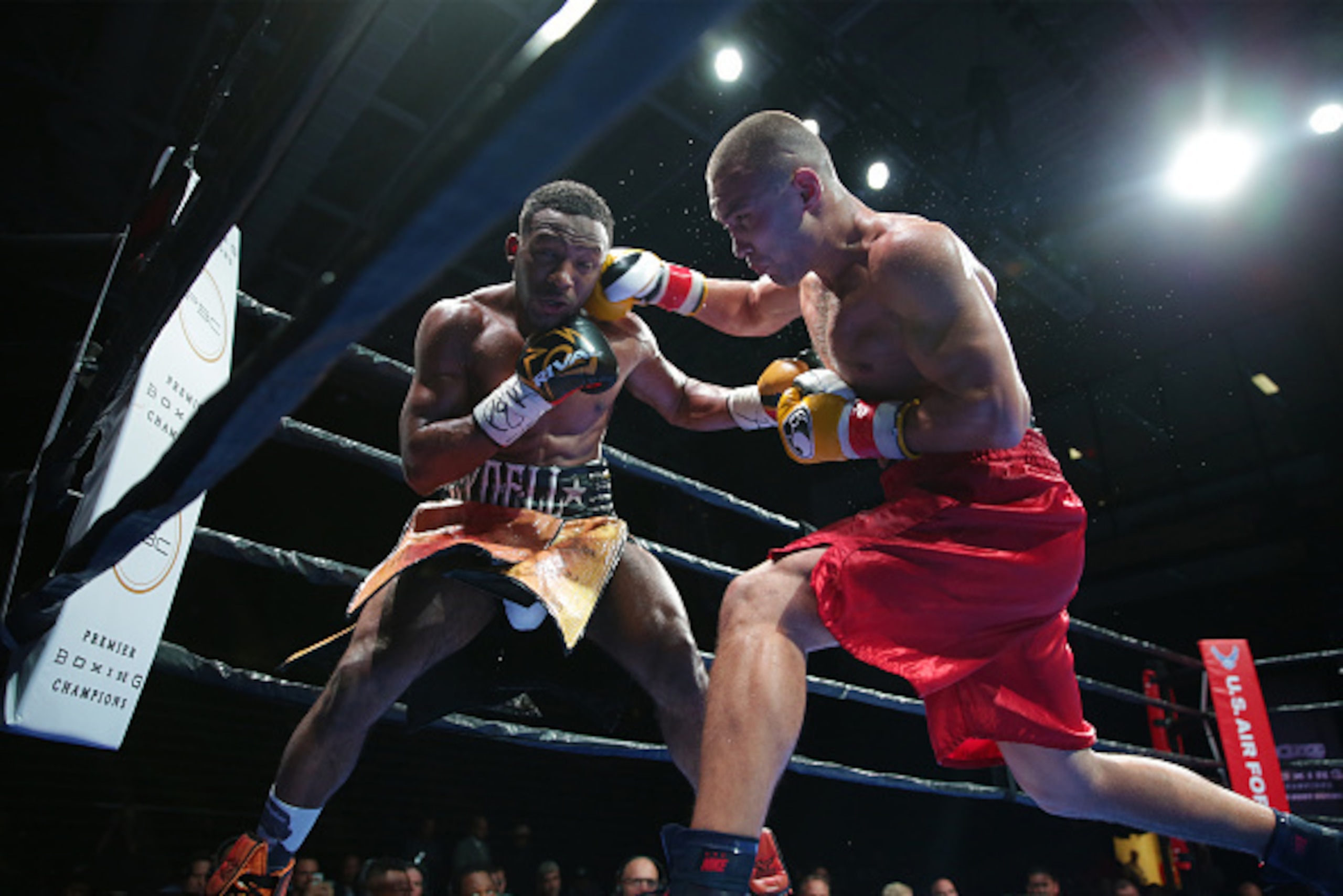 ORLANDO, FL - OCTOBER 30: Sergey Lipinets (R) punches Haskell Rhodes during the Premier Boxing Champions on Bounce TV boxing match at The Venue at UCF on October 30, 2015 in Orlando, Florida. (Photo by Alex Menendez/Getty Images)