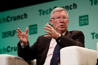 LONDON, ENGLAND - DECEMBER 07:  Sir Alex Ferguson in converstaion with Sir Michael Moritz, Co-authors of Leading: Learning from Life and My Years at Manchester United during TechCrunch Disrupt London 2015 - Day 1 at Copper Box Arena on December 7, 2015 in