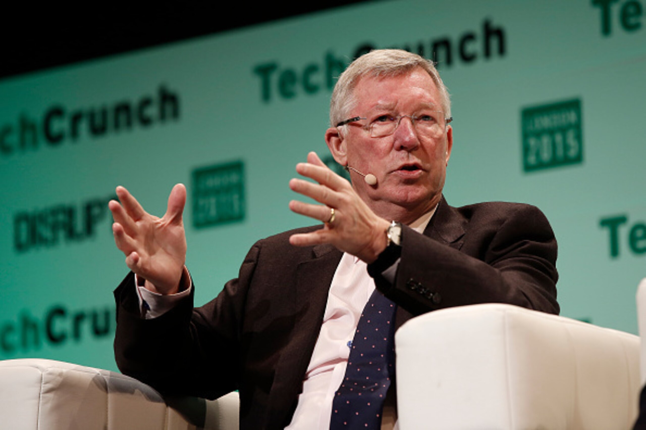 LONDON, ENGLAND - DECEMBER 07:  Sir Alex Ferguson in converstaion with Sir Michael Moritz, Co-authors of Leading: Learning from Life and My Years at Manchester United during TechCrunch Disrupt London 2015 - Day 1 at Copper Box Arena on December 7, 2015 in