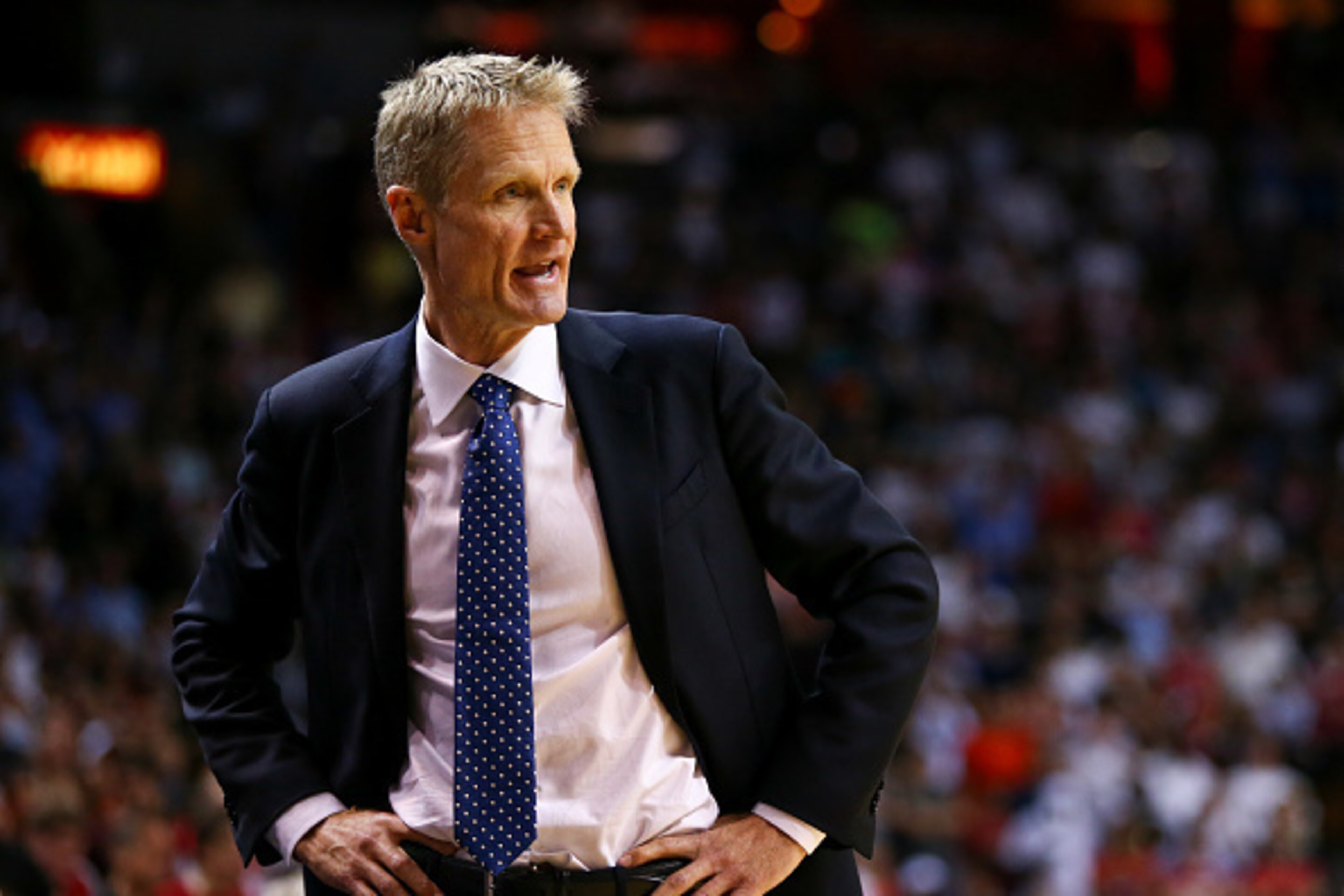 MIAMI, FL - FEBRUARY 24: Steve Kerr of the Golden State Warriors during the game against the Miami Heat at the American Airlines Arena on February 24, 2016 in Miami, Florida.  NOTE TO USER: User expressly acknowledges and agrees that, by downloading and o