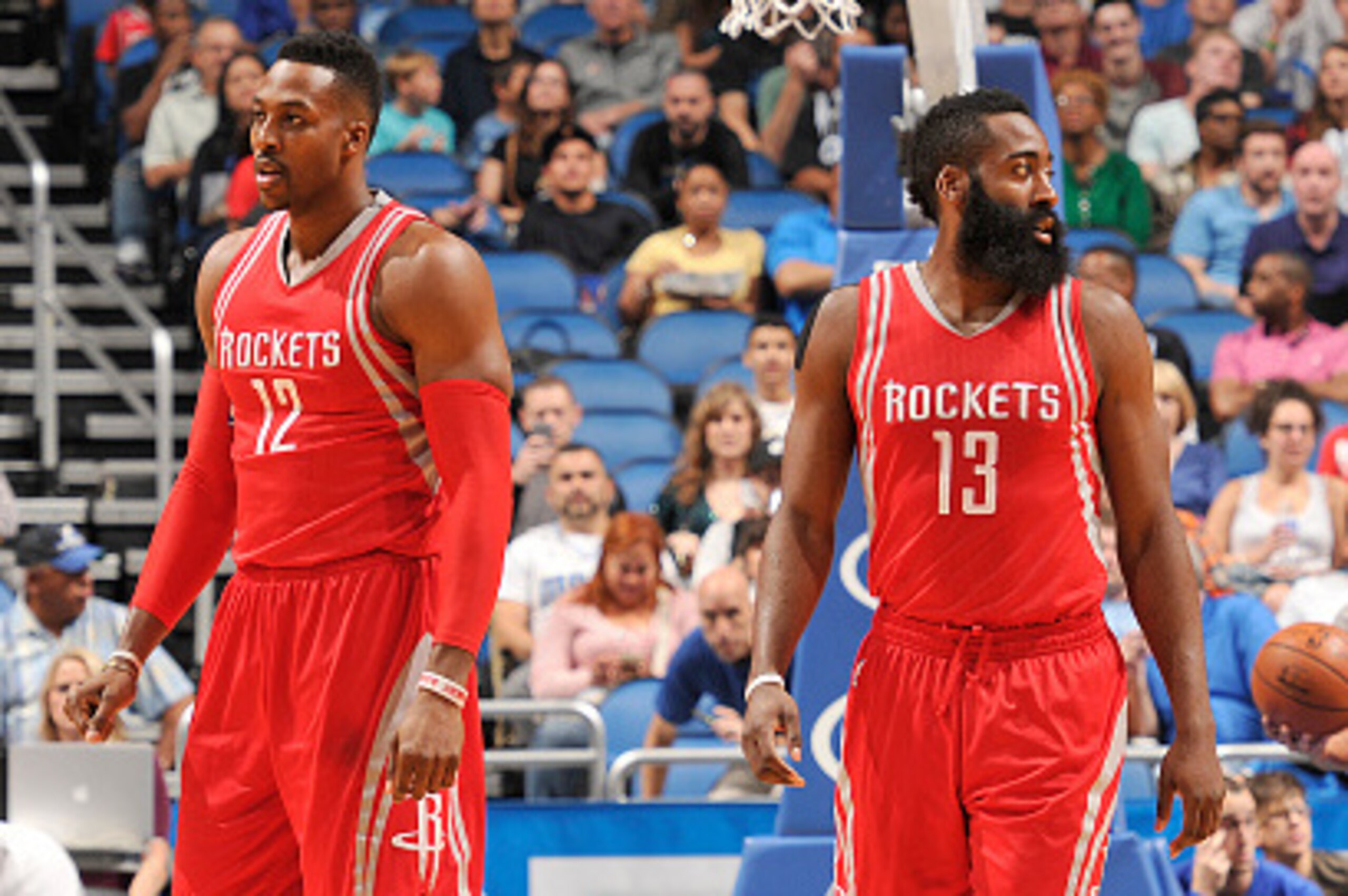 ORLANDO, FL - DECEMBER 23:  Dwight Howard #12 of the Houston Rockets and James Harden #13 of the Houston Rockets stand on the court against the Orlando Magic on December 23, 2015 at Amway Center in Orlando, Florida. NOTE TO USER: User expressly acknowledg