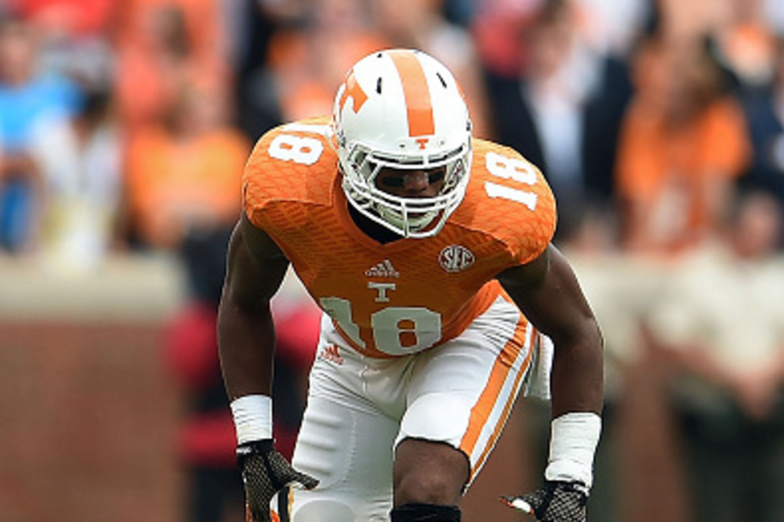 KNOXVILLE, TN - OCTOBER 11:  Jason Croom #18 of the Tennessee Volunteers anticipates a play during a game against the Chattanooga Mocs at Neyland Stadium on October 11, 2014 in Knoxville, Tennessee. Tennessee won the game 45-10.  (Photo by Stacy Revere/Ge