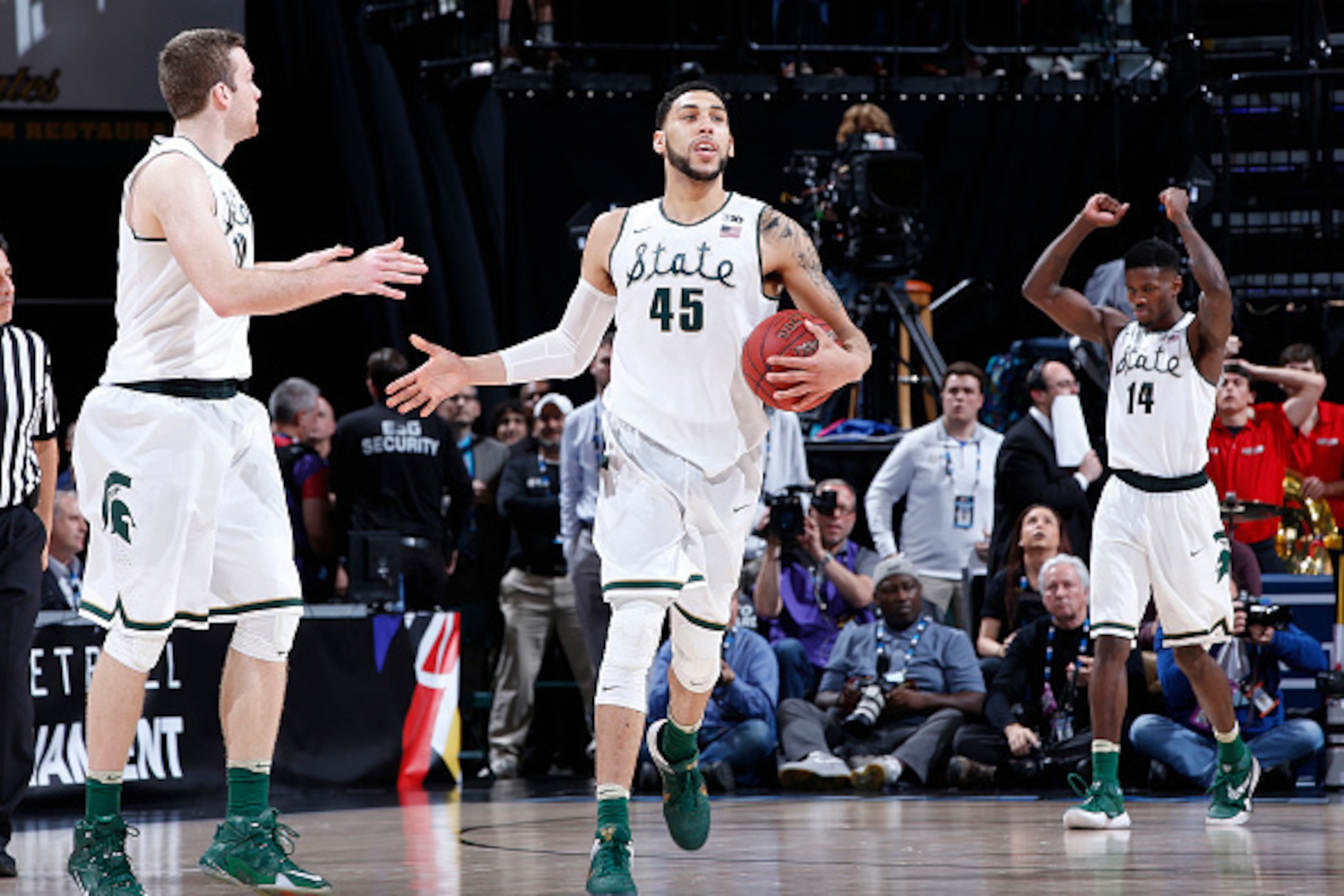 INDIANAPOLIS, IN - MARCH 12: Denzel Valentine #45 and Matt Costello #10 of the Michigan State Spartans celebrate after defeating the Maryland Terrapins in the semifinals of the Big Ten Basketball Tournament at Bankers Life Fieldhouse on March 12, 2016 in INDIANAPOLIS, IN - MARCH 12: Denzel Valentine #45 and Matt Costello #10 of the Michigan State Spartans celebrate after defeating the Maryland Terrapins in the semifinals of the Big Ten Basketball Tournament at Bankers Life Fieldhouse on March 12, 2016 in
