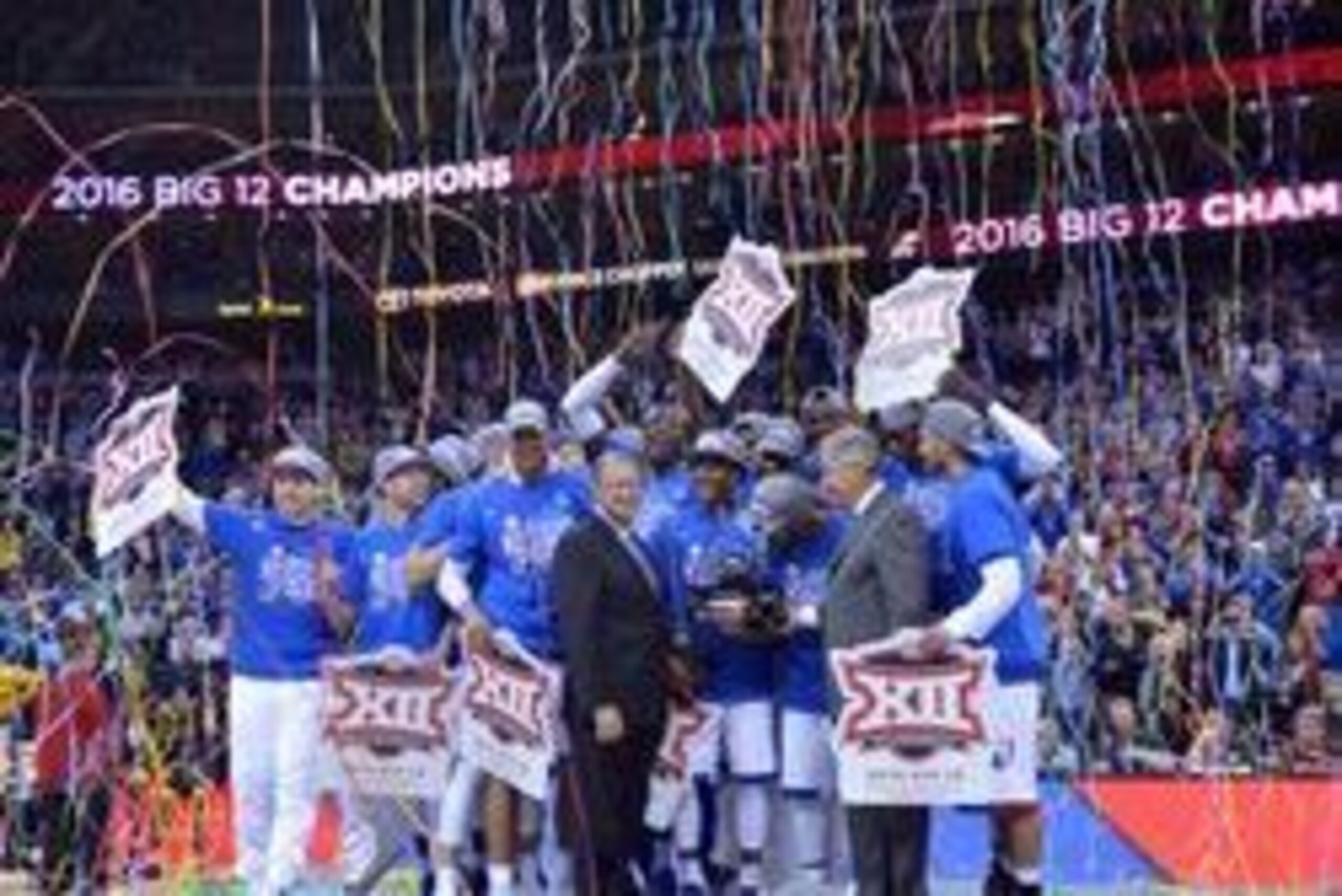 Mar 12, 2016; Kansas City, MO, USA; The Kansas Jayhawks celebrate with the trophy after the win over the West Virginia Mountaineers 81-71 in the championship game of the Big 12 Conference tournament at Sprint Center. Mandatory Credit: Denny Medley-USA TOD Mar 12, 2016; Kansas City, MO, USA; The Kansas Jayhawks celebrate with the trophy after the win over the West Virginia Mountaineers 81-71 in the championship game of the Big 12 Conference tournament at Sprint Center. Mandatory Credit: Denny Medley-USA TOD
