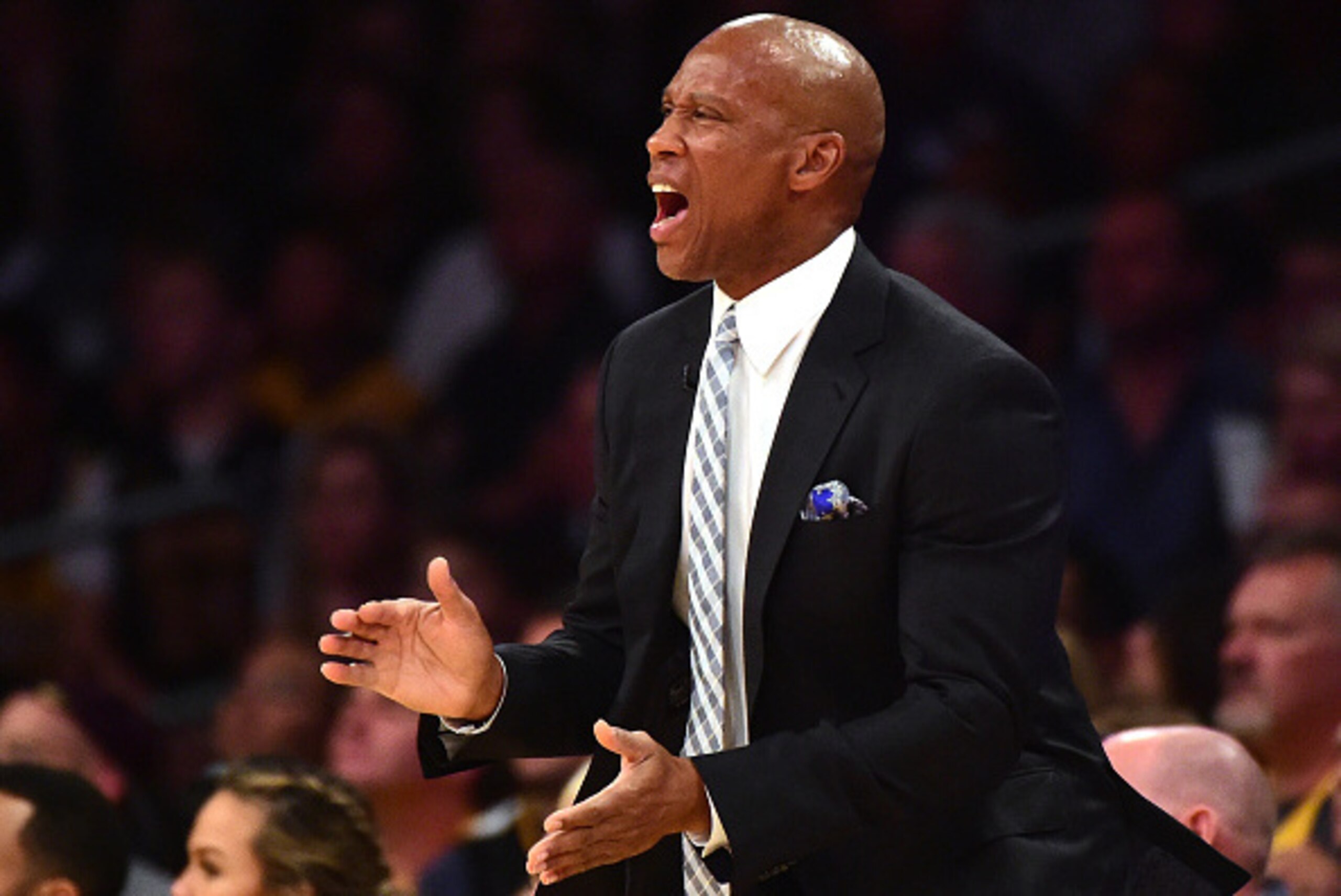 LOS ANGELES, CA - MARCH 10:  Byron Scott of the Los Angeles Lakers reacts to play from the bench during a 120-108 Cleveland Cavaliers win at Staples Center on March 10, 2016 in Los Angeles, California.  NOTE TO USER: User expressly acknowledges and agrees