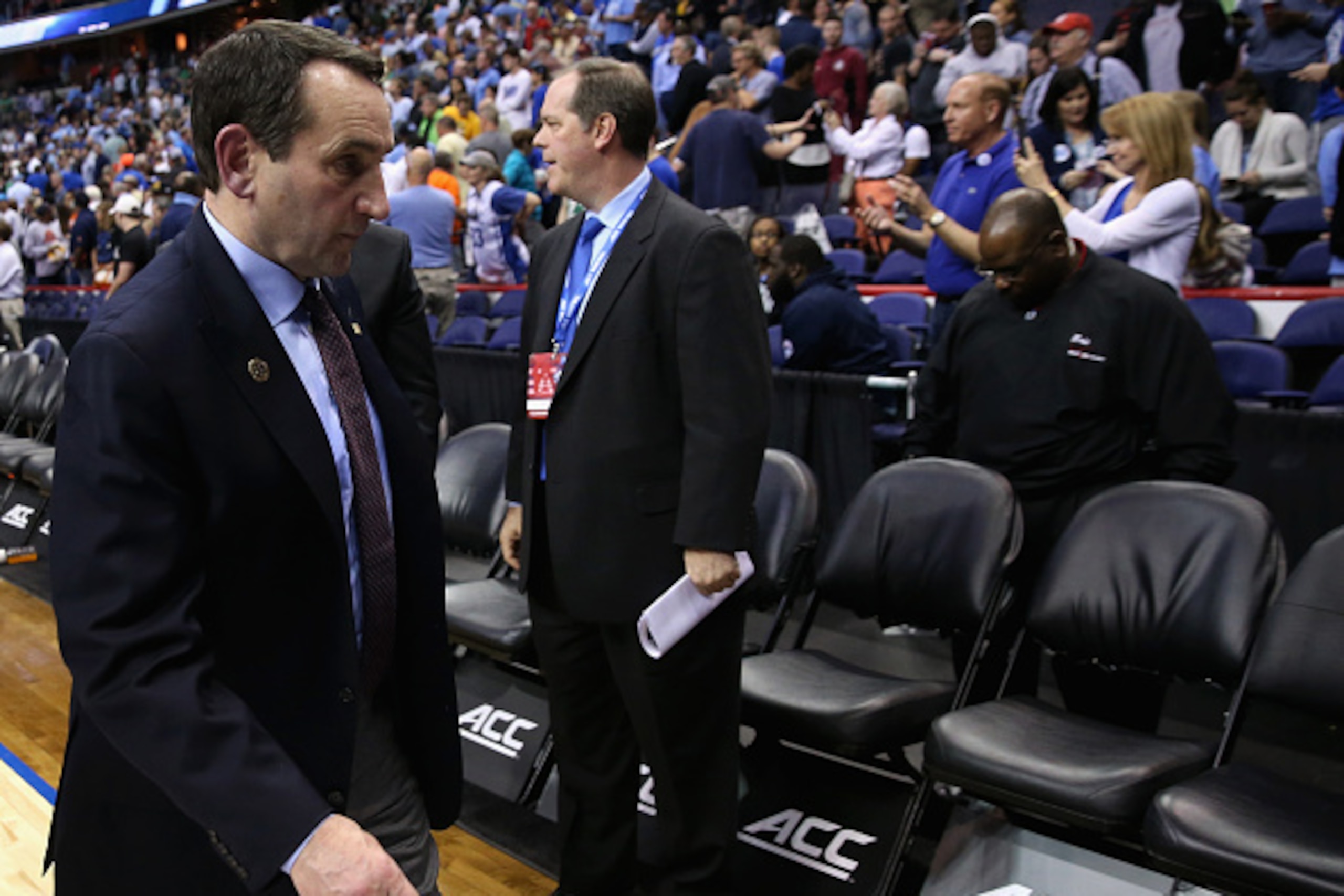 WASHINGTON, DC - MARCH 10: Head coach Mike Krzyzewski of the Duke Blue Devils walks off the floor following their 84-79 overtime loss to the Notre Dame Fighting Irish during the quarterfinals of the 2016 ACC Basketball Tournament Verizon Center on March 1
