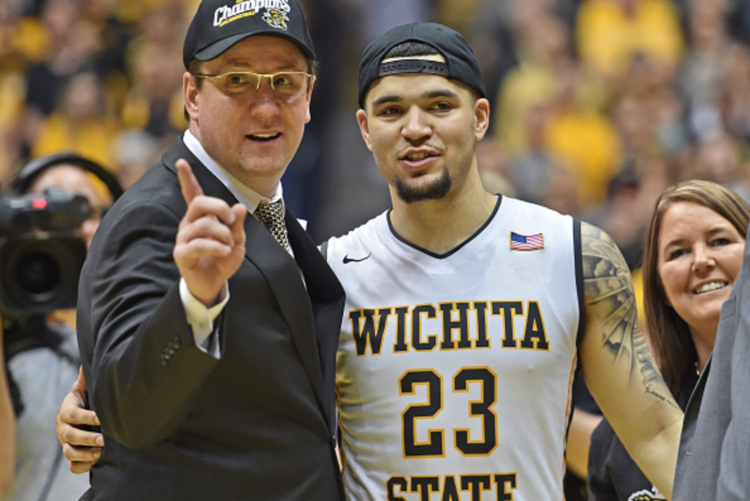 WICHITA, KS - FEBRUARY 27:  Head coach Gregg Marshall (L) of the Wichita State Shockers with guard Fred VanVleet (23) during senior day ceremonies after defeating the Illinois State Redbirds on February 27, 2016 at Charles Koch Arena in Wichita, Kansas.  