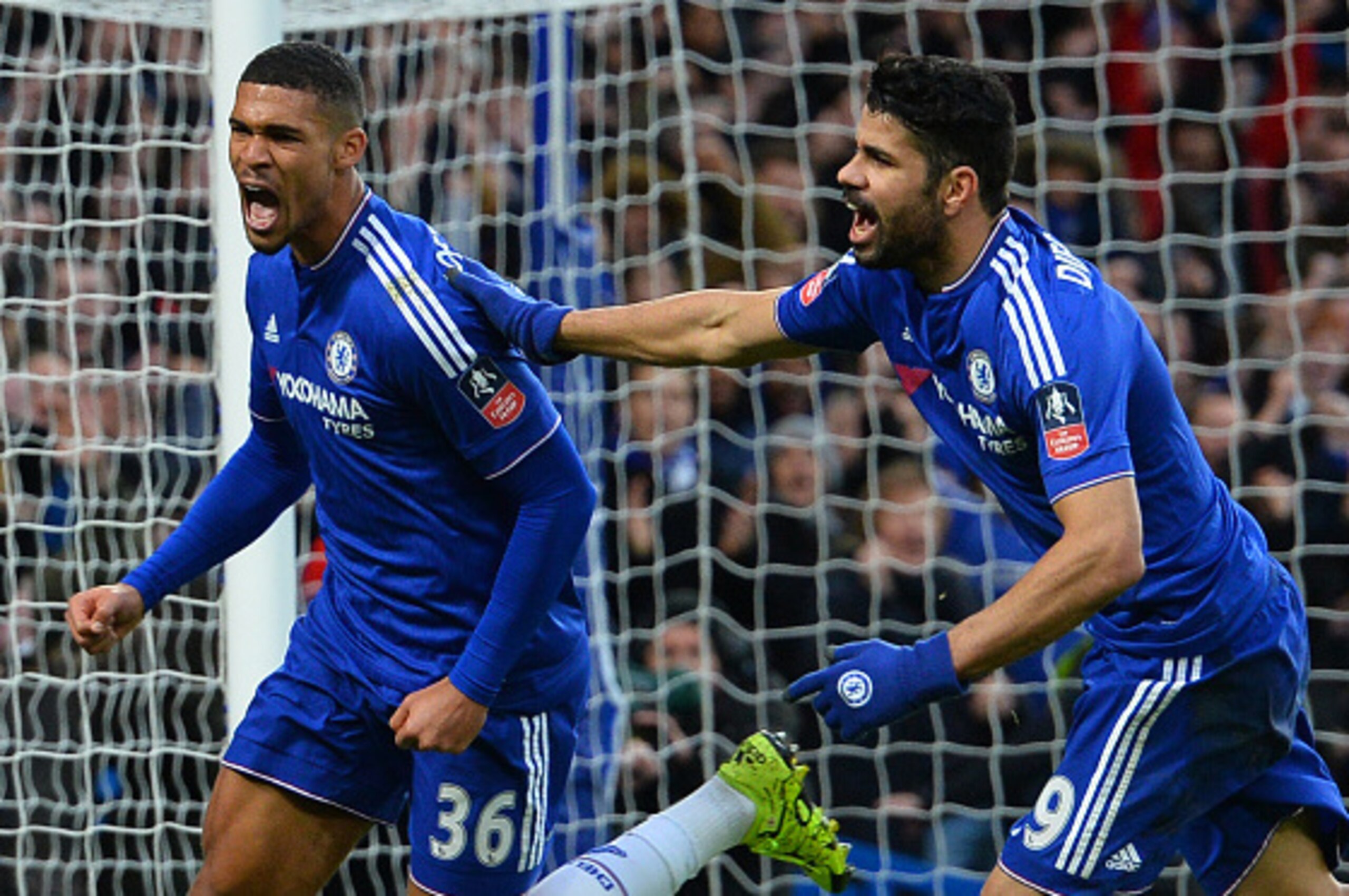 Chelsea's English midfielder Ruben Loftus-Cheek (L) celebrates with Chelsea's Brazilian-born Spanish striker Diego Costa after scoring his team's second goal during the FA Cup third-round football match between Chelsea and Scunthorpe United at Stamford Br