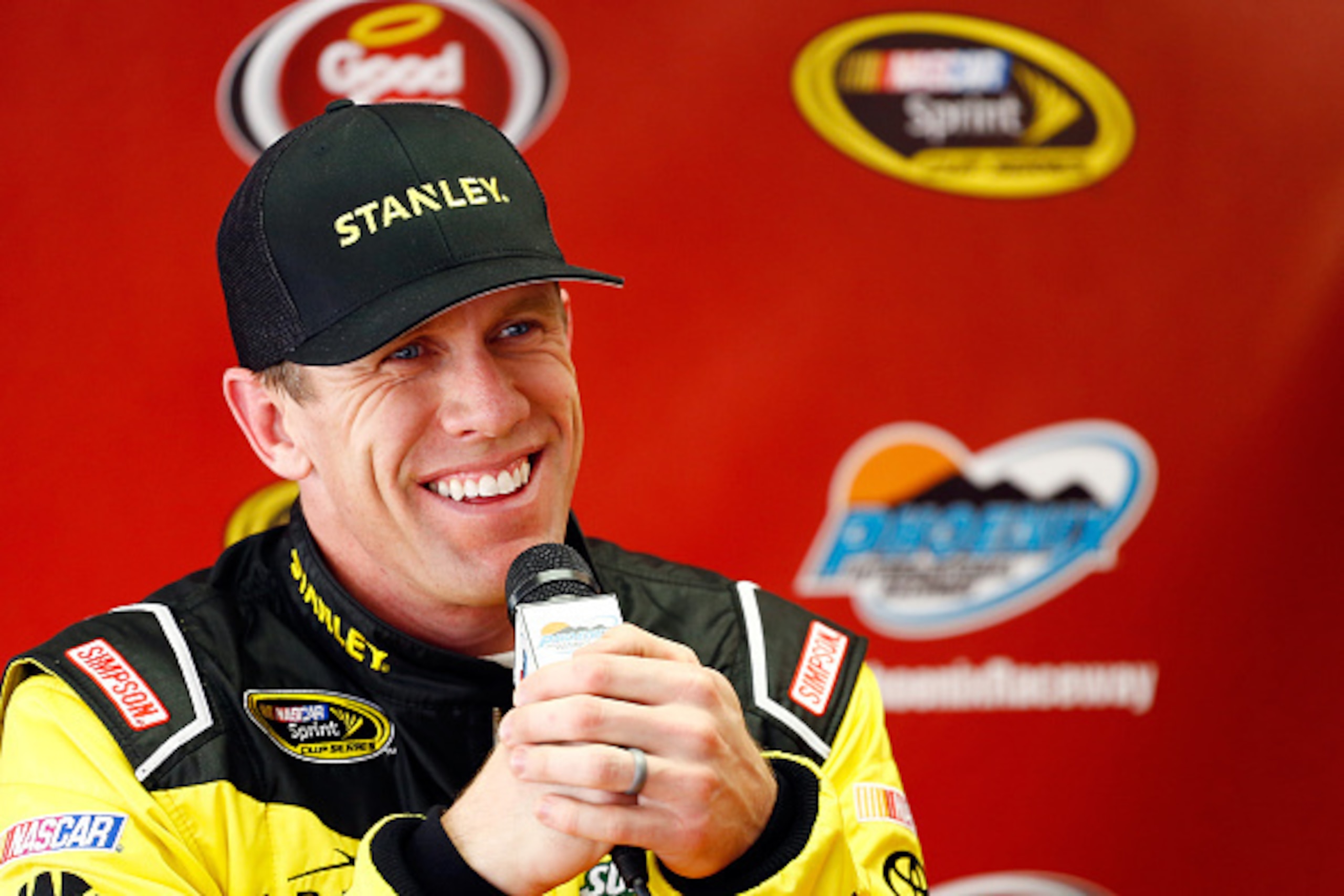 AVONDALE, AZ - MARCH 11:  Carl Edwards, driver of the #19 Stanley Toyota, speaks to the media during a press conference after practice for the NASCAR Sprint Cup Series Good Sam 500 at Phoenix International Raceway on March 11, 2016 in Avondale, Arizona.  