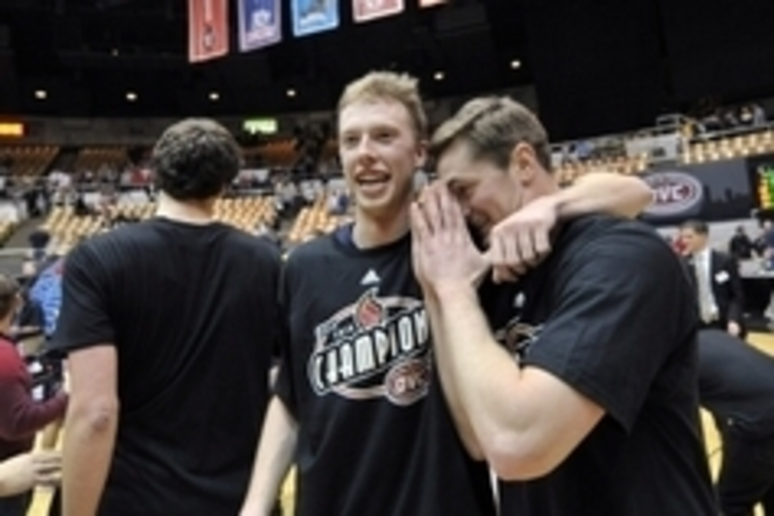 Mar 7, 2015; Nashville, TN, USA; Belmont Bruins guard Evan Bradds (35) (left) and teammate Belmont Bruins guard Jeff Laidig (43) (right) celebrate defeating the Murray State Racers 88-87 in the final game off the OVC tournament at Nashville Municipal Audi Mar 7, 2015; Nashville, TN, USA; Belmont Bruins guard Evan Bradds (35) (left) and teammate Belmont Bruins guard Jeff Laidig (43) (right) celebrate defeating the Murray State Racers 88-87 in the final game off the OVC tournament at Nashville Municipal Audi