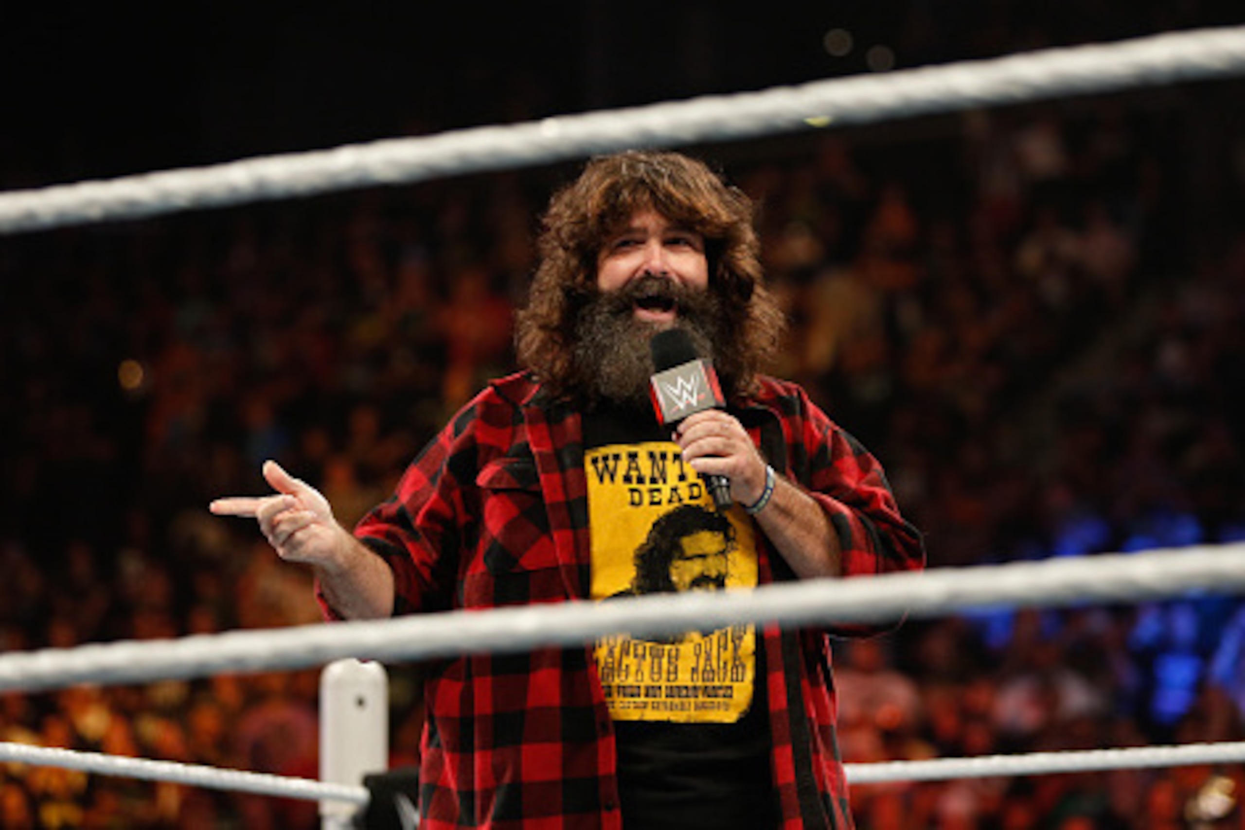 NEW YORK, NY - AUGUST 23:  Mick Foley greets the audience at WWE SummerSlam 2015 at Barclays Center of Brooklyn on August 23, 2015 in New York City.  (Photo by JP Yim/Getty Images)