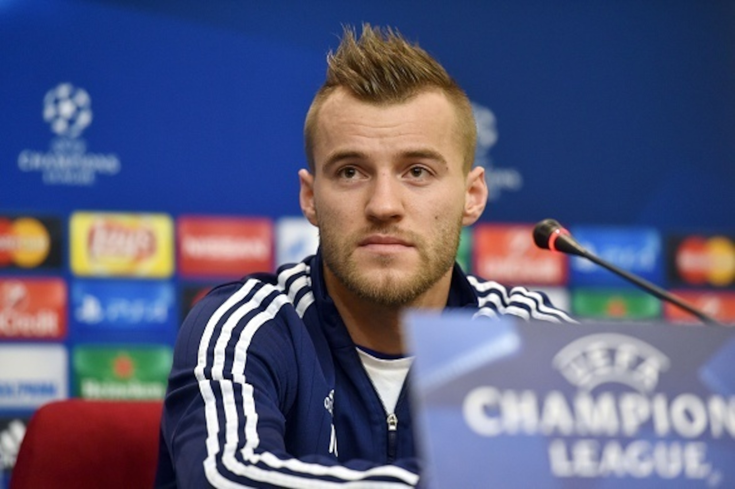 Dynamo's Ukrainian forward Andriy Yarmolenko speaks during a press conference at the training centre near Kiev on December 8, 2015, on the eve of the UEFA Champions League Group G football match between FC Dynamo and Maccabi. AFP PHOTO/GENYA SAVILOV / AFP