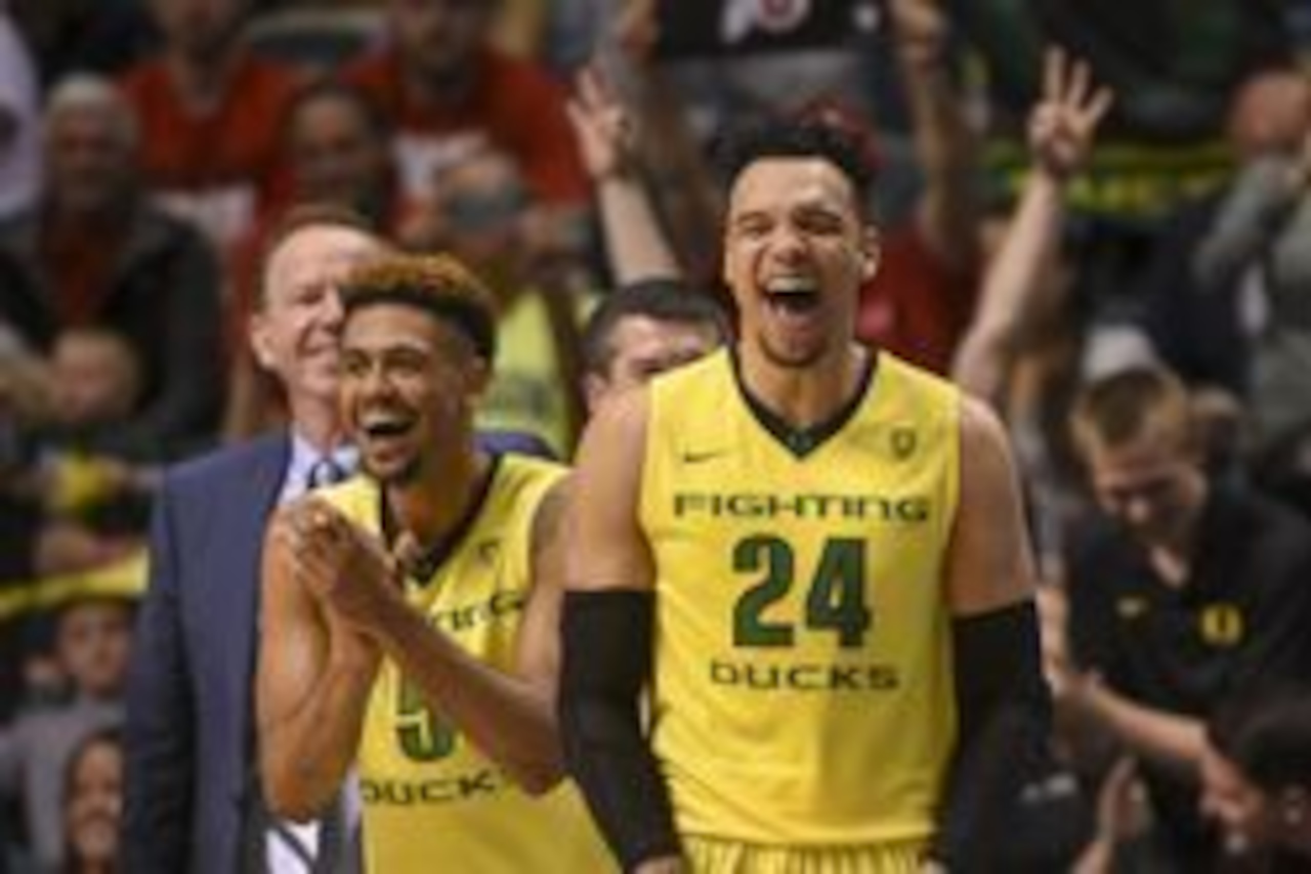 March 12, 2016; Las Vegas, NV, USA; Oregon Ducks guard Tyler Dorsey (5) and forward Dillon Brooks (24) celebrate during the second half in the championship game of the Pac-12 Conference tournament against the Utah Utes at MGM Grand Garden Arena. The Ducks