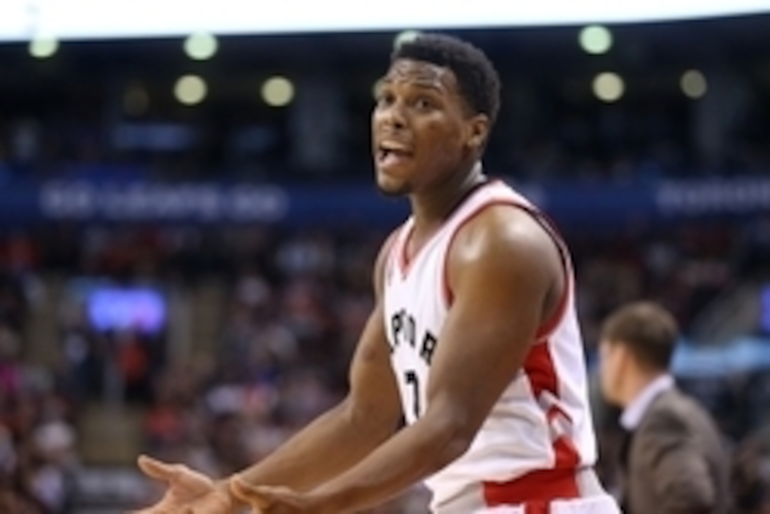 Mar 14, 2016; Toronto, Ontario, CAN; Toronto Raptors point guard Kyle Lowry (7) argues for a call against the Chicago Bulls at Air Canada Centre. The Bulls beat the Raptors 109-107. Mandatory Credit: Tom Szczerbowski-USA TODAY Sports