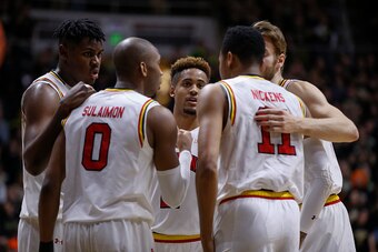 WEST LAFAYETTE, IN - FEBRUARY 27: Members of the Maryland Terrapins huddle up during the game against the Purdue Boilermakers at Mackey Arena on February 27, 2016 in West Lafayette, Indiana.  (Photo by Michael Hickey/Getty Images)