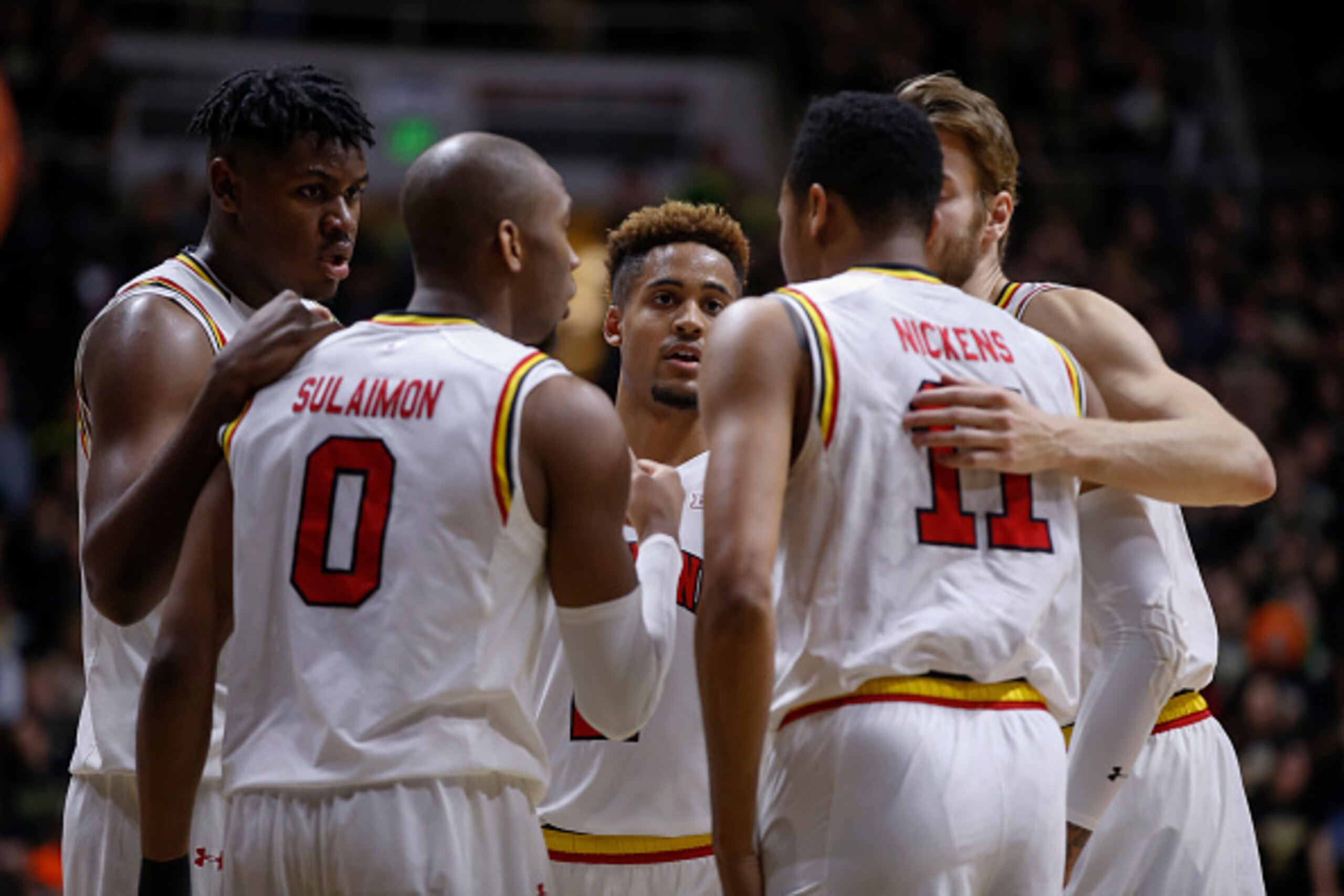 WEST LAFAYETTE, IN - FEBRUARY 27: Members of the Maryland Terrapins huddle up during the game against the Purdue Boilermakers at Mackey Arena on February 27, 2016 in West Lafayette, Indiana.  (Photo by Michael Hickey/Getty Images)