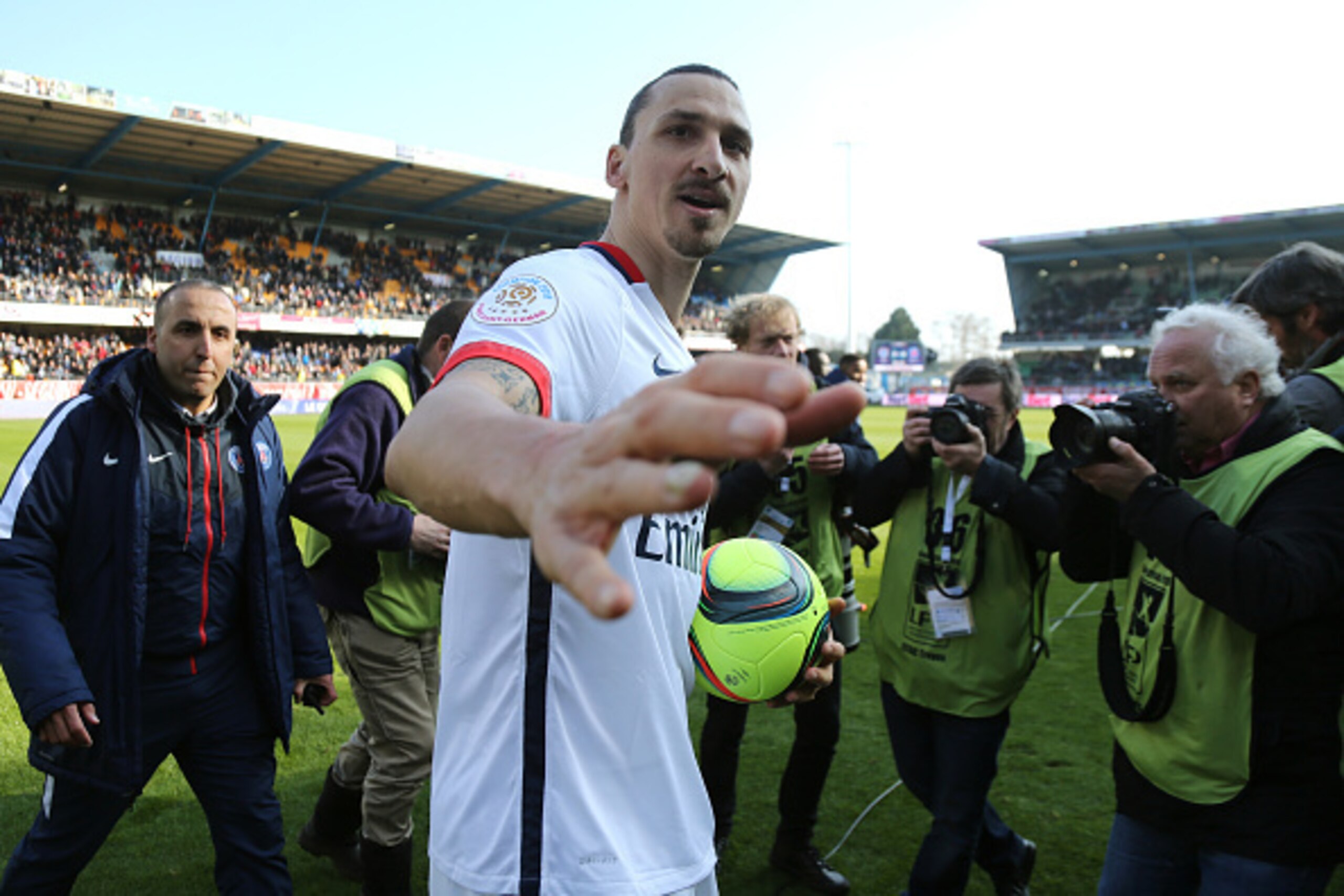 TROYES, FRANCE - MARCH 13: Zlatan Ibrahimovic of PSG keeps the ball of the match because he scored 4 goals while celebrating winning the French Ligue 1 championships 2015-1016 following the French Ligue 1 match between ESTAC Troyes and Paris Saint-Germain TROYES, FRANCE - MARCH 13: Zlatan Ibrahimovic of PSG keeps the ball of the match because he scored 4 goals while celebrating winning the French Ligue 1 championships 2015-1016 following the French Ligue 1 match between ESTAC Troyes and Paris Saint-Germain