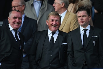 LIVERPOOL, ENGLAND - OCTOBER 04:  Chief Executive of Liverpool FC, Ian Ayre (L) and Kenny Dalglish (C) ahead of the Barclays Premier League match between Everton and Liverpool at Goodison Park on October 4, 2015 in Liverpool, England.  (Photo by Alex Live