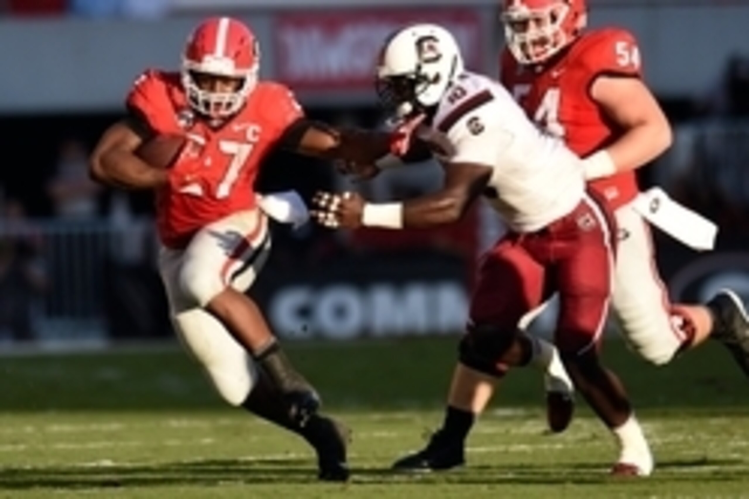 Sep 19, 2015; Athens, GA, USA; Georgia Bulldogs running back Nick Chubb (27) runs against South Carolina Gamecocks linebacker Skai Moore (10) during the first half at Sanford Stadium. Mandatory Credit: Dale Zanine-USA TODAY Sports