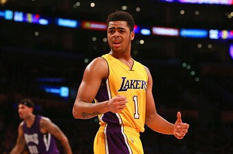 LOS ANGELES, CA - JANUARY 20: D'Angelo Russell #1 of the Los Angeles Lakers reacts during the NBA game against the Sacramento Kings at Staples Center on January 20, 2016 in Los Angeles, California. The Kings defeated the Lakers 112-93. NOTE TO USER: User 