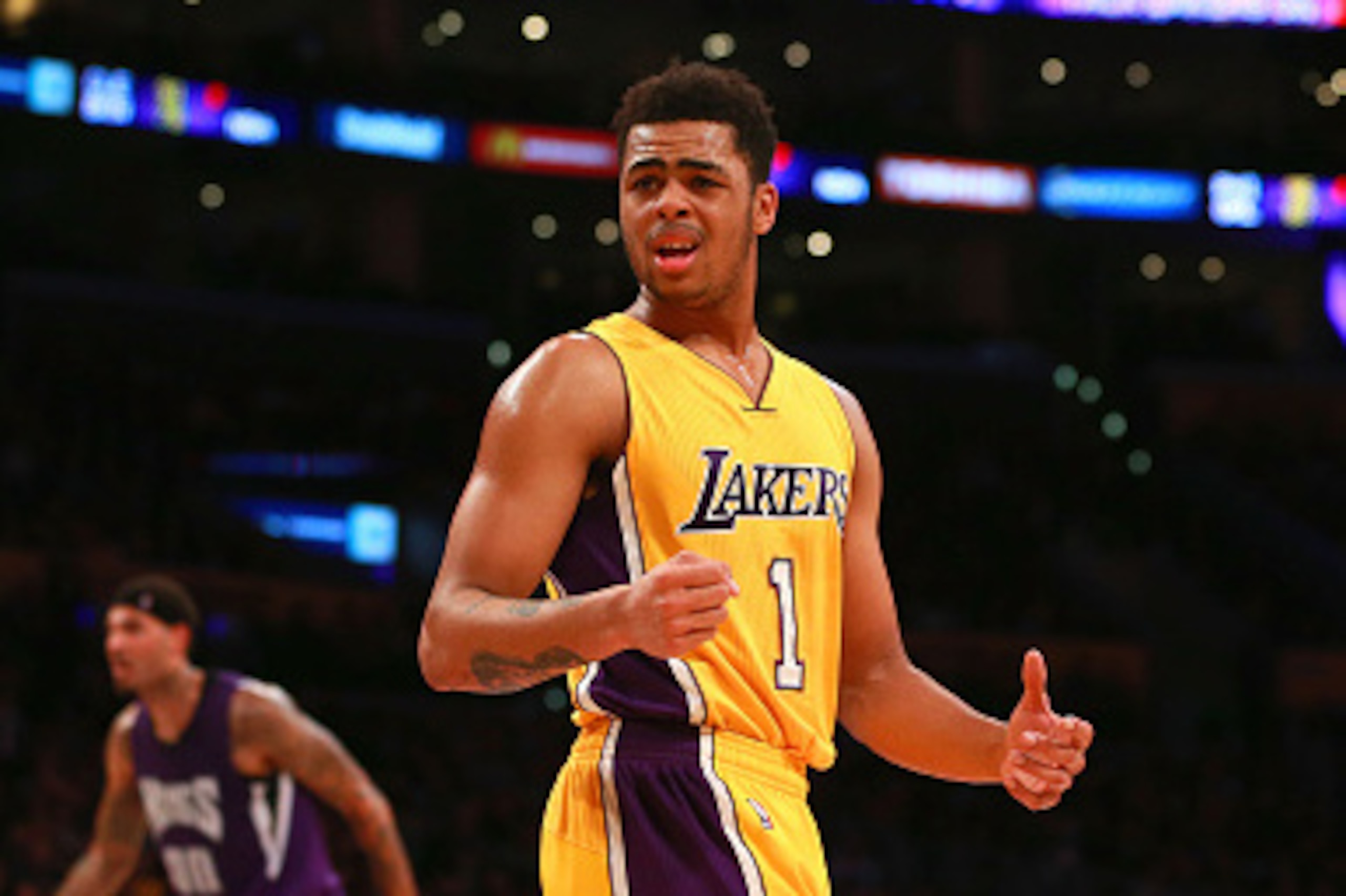 LOS ANGELES, CA - JANUARY 20: D'Angelo Russell #1 of the Los Angeles Lakers reacts during the NBA game against the Sacramento Kings at Staples Center on January 20, 2016 in Los Angeles, California. The Kings defeated the Lakers 112-93. NOTE TO USER: User 