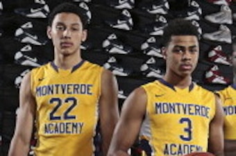 SPRINGFIELD, MA - JANUARY19: The Monteverde Academy varsity basketball players #22 Ben Simmons, #3 D'Angelo Russell and #15 Chris Egi pose for a portrait during the 2014 Spaulding Hoop Hall Classic on December 19, 2014 at the Basketball Hall of Fame in Sp