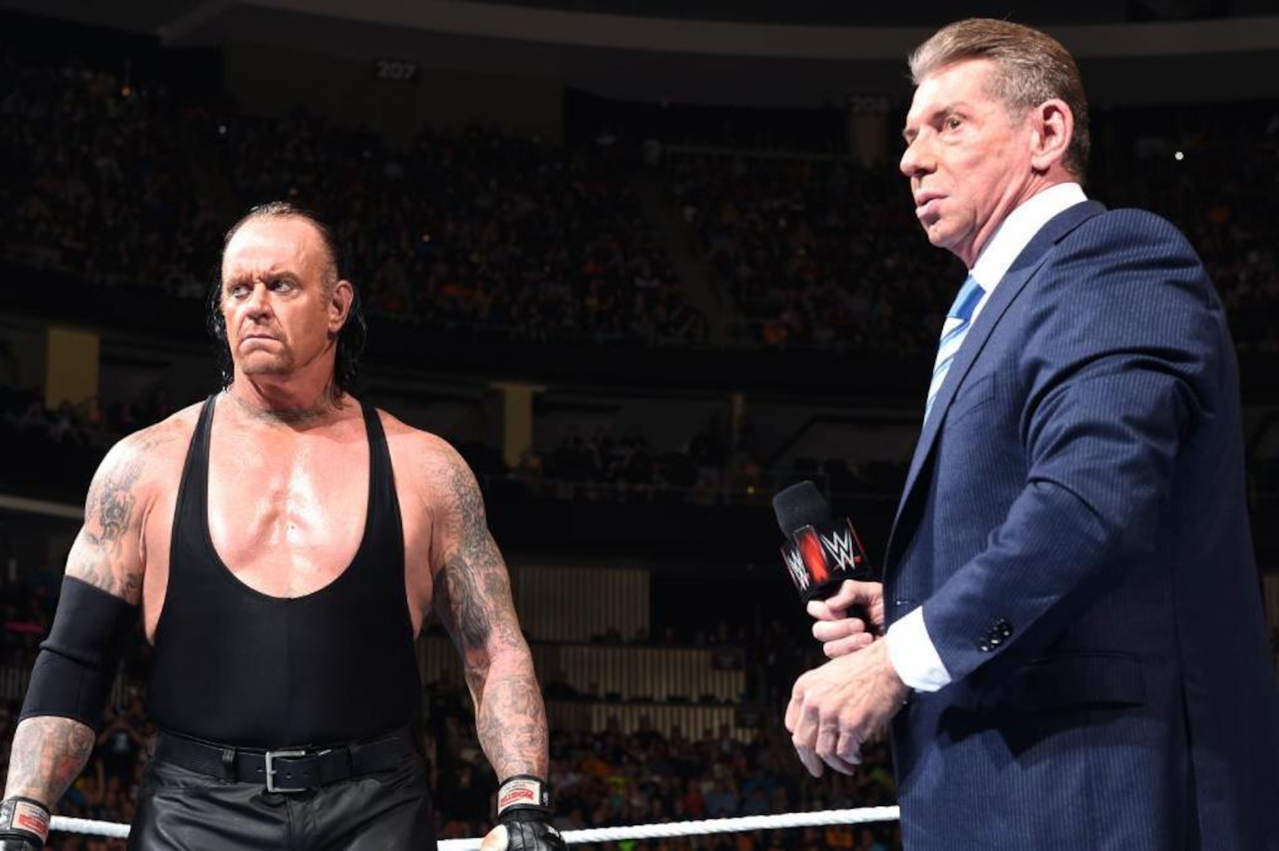 Undertaker and Vince McMahon see Shane McMahon arrive.