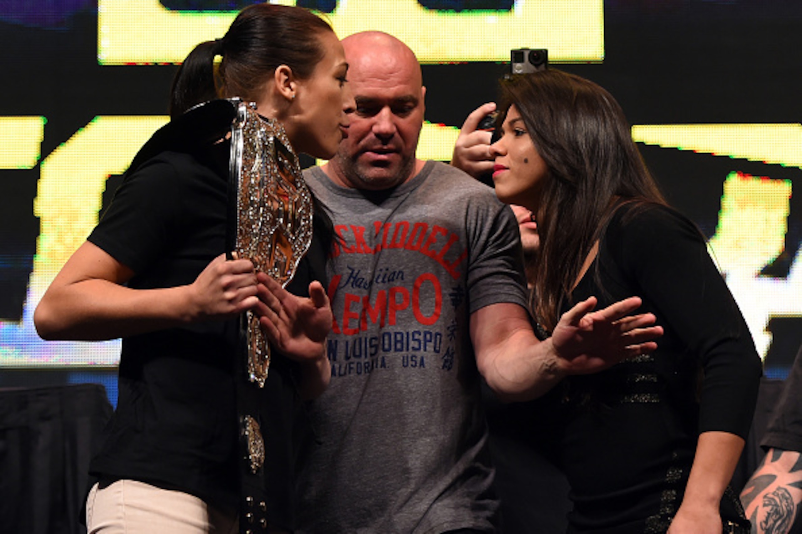 LAS VEGAS, NV - MARCH 04:  (L-R) Opponents Joanna Jedrzejczyk and Claudia Gadelha face off during the UFC Unstoppable launch press conference at the MGM Grand Garden Arena on March 4, 2016 in Las Vegas, Nevada. (Photo by Josh Hedges/Zuffa LLC/Zuffa LLC vi