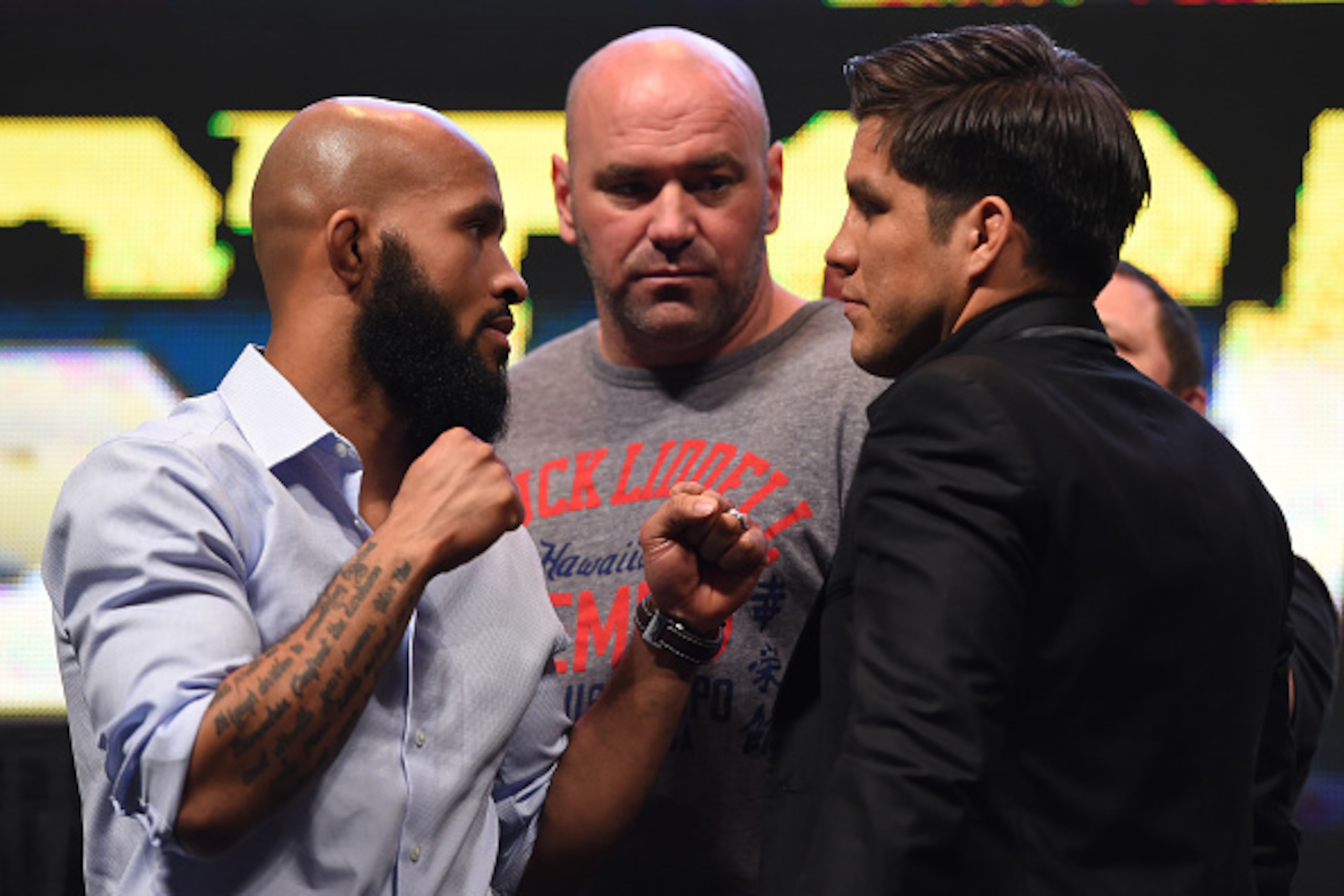 LAS VEGAS, NV - MARCH 04:  (L-R) Opponents Demetrious Johnson and Henry Cejudo face off during the UFC Unstoppable launch press conference at the MGM Grand Garden Arena on March 4, 2016 in Las Vegas, Nevada. (Photo by Josh Hedges/Zuffa LLC/Zuffa LLC via G