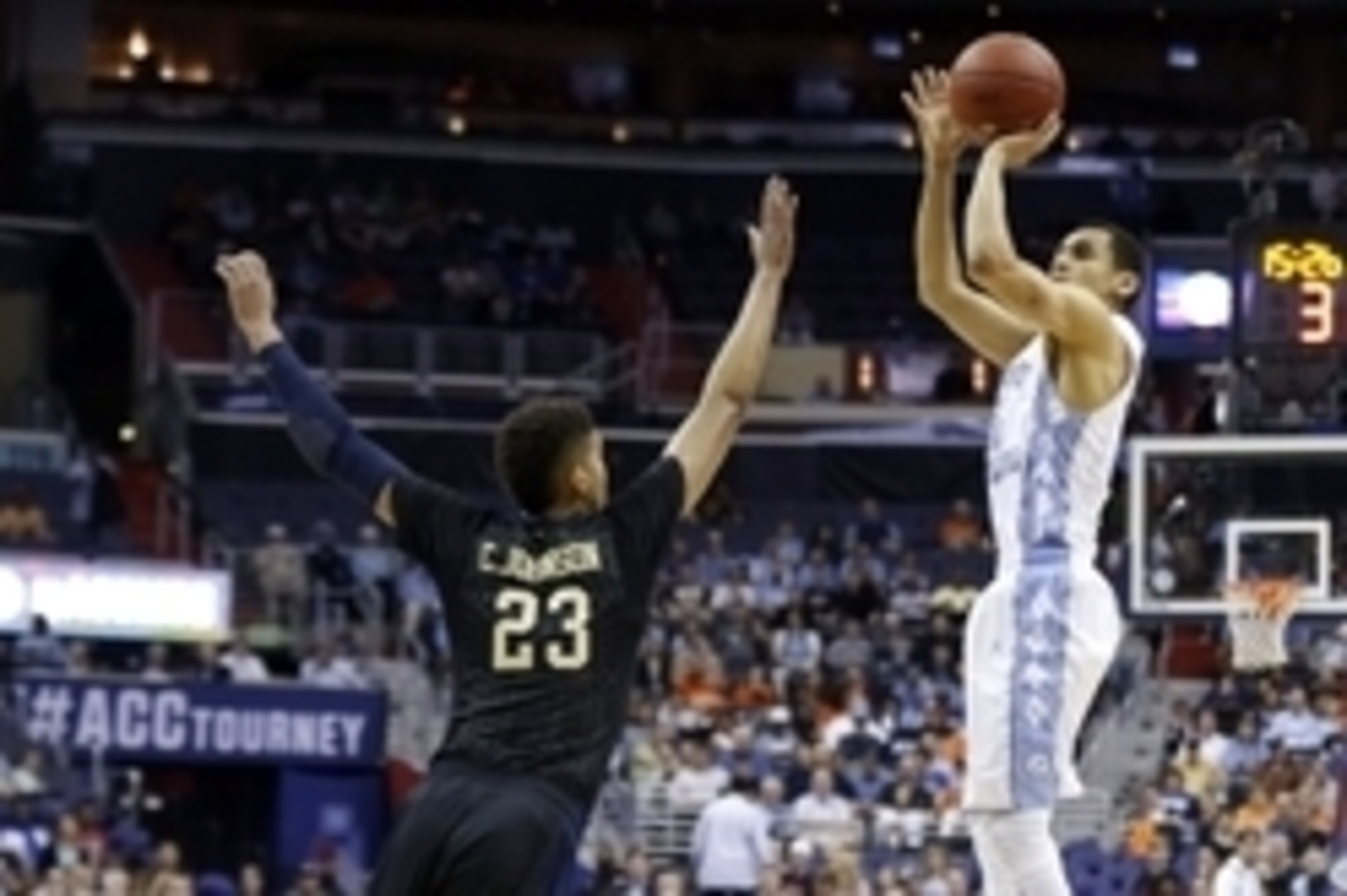 Mar 10, 2016; Washington, DC, USA; North Carolina Tar Heels guard Marcus Paige (5) shoots the ball over Pittsburgh Panthers guard Cameron Johnson (23) in the first half during day three of the ACC conference tournament at Verizon Center. Mandatory Credit: Mar 10, 2016; Washington, DC, USA; North Carolina Tar Heels guard Marcus Paige (5) shoots the ball over Pittsburgh Panthers guard Cameron Johnson (23) in the first half during day three of the ACC conference tournament at Verizon Center. Mandatory Credit: