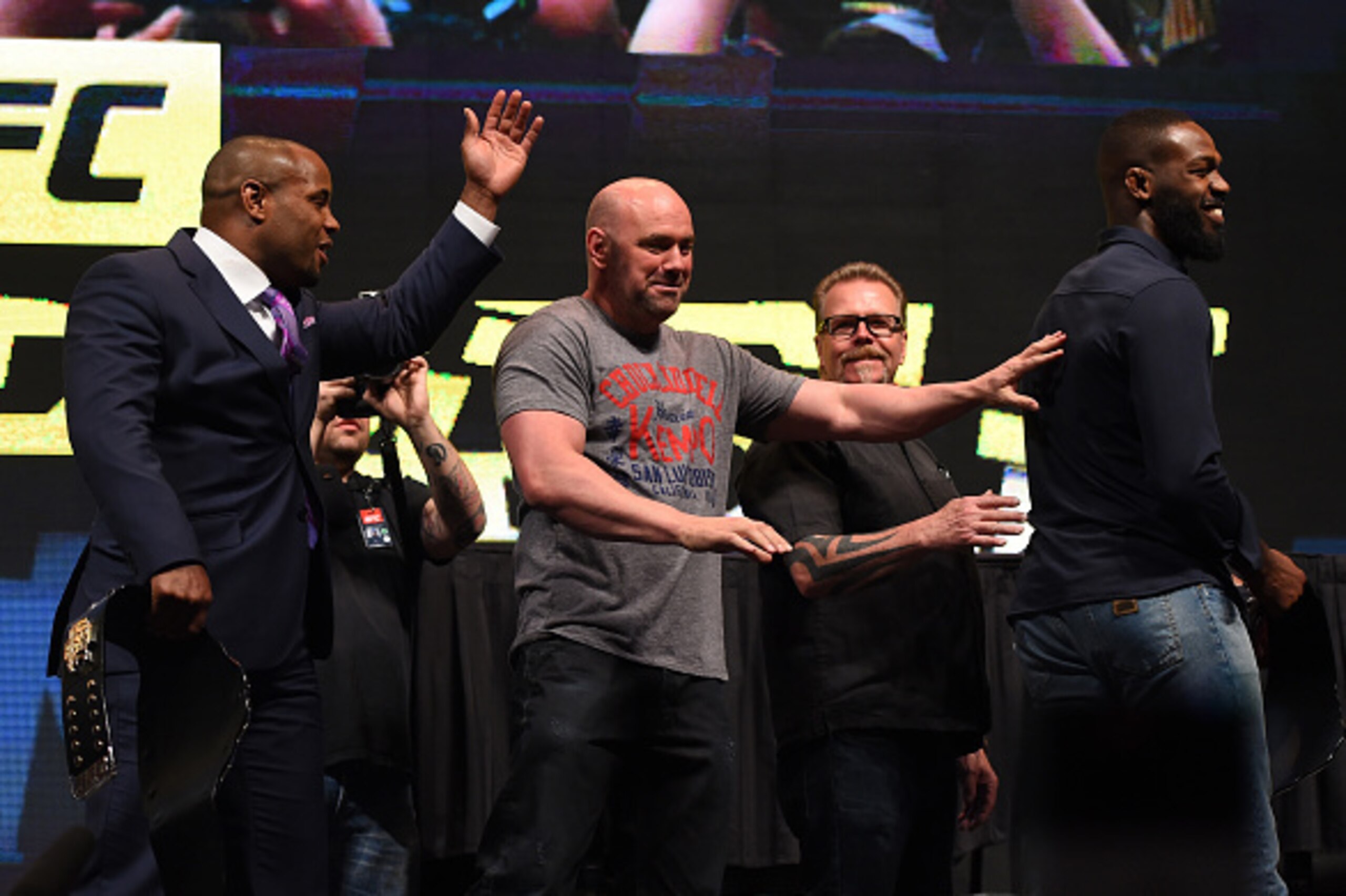 LAS VEGAS, NV - MARCH 04:  (L-R) Opponents Daniel Cormier and Jon Jones face off during the UFC Unstoppable launch press conference at the MGM Grand Garden Arena on March 4, 2016 in Las Vegas, Nevada. (Photo by Josh Hedges/Zuffa LLC/Zuffa LLC via Getty Im