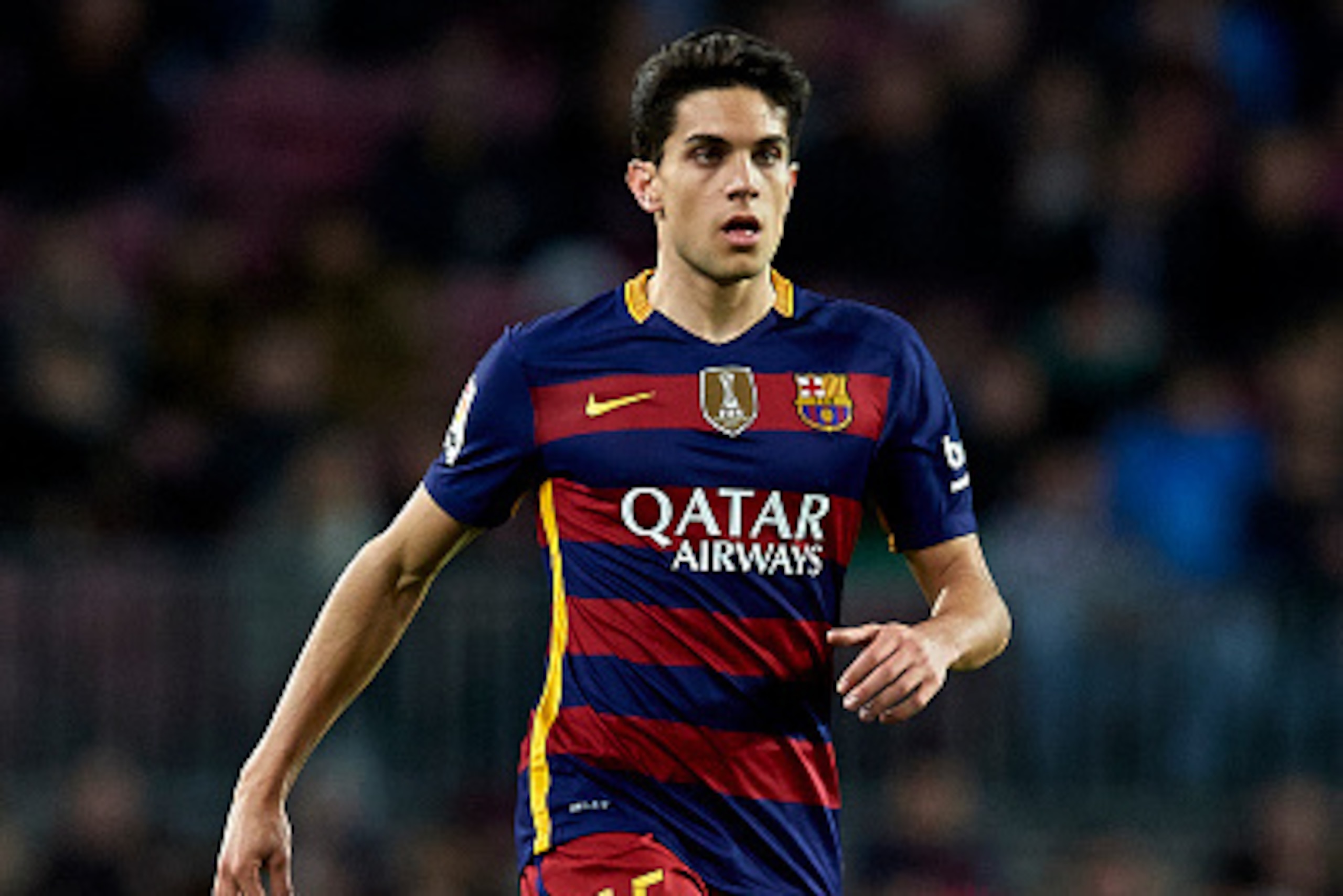 BARCELONA, SPAIN - FEBRUARY 03: Bartra of Barcelona runs with the ball during the Copa del Rey Semi Final, first leg match between FC Barcelona and Valencia CF at Nou Camp on February 03, 2016 in Barcelona, Spain. (Photo by Manuel Queimadelos Alonso/Get BARCELONA, SPAIN - FEBRUARY 03: Bartra of Barcelona runs with the ball during the Copa del Rey Semi Final, first leg match between FC Barcelona and Valencia CF at Nou Camp on February 03, 2016 in Barcelona, Spain. (Photo by Manuel Queimadelos Alonso/Get