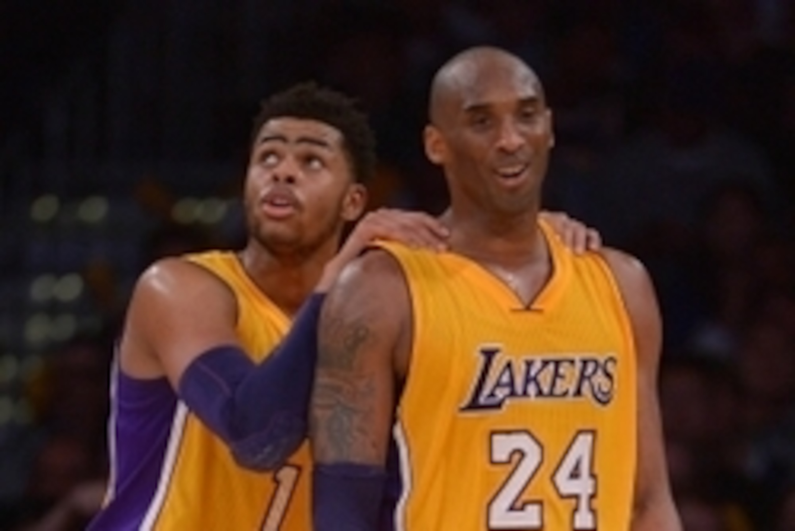 Mar 10, 2016; Los Angeles, CA, USA; Los Angeles Lakers forward Kobe Bryant (24) and guard D'Angelo Russell (1) react during the game against the Cleveland Cavaliers at Staples Center. Mandatory Credit: Jayne Kamin-Oncea-USA TODAY Sports
