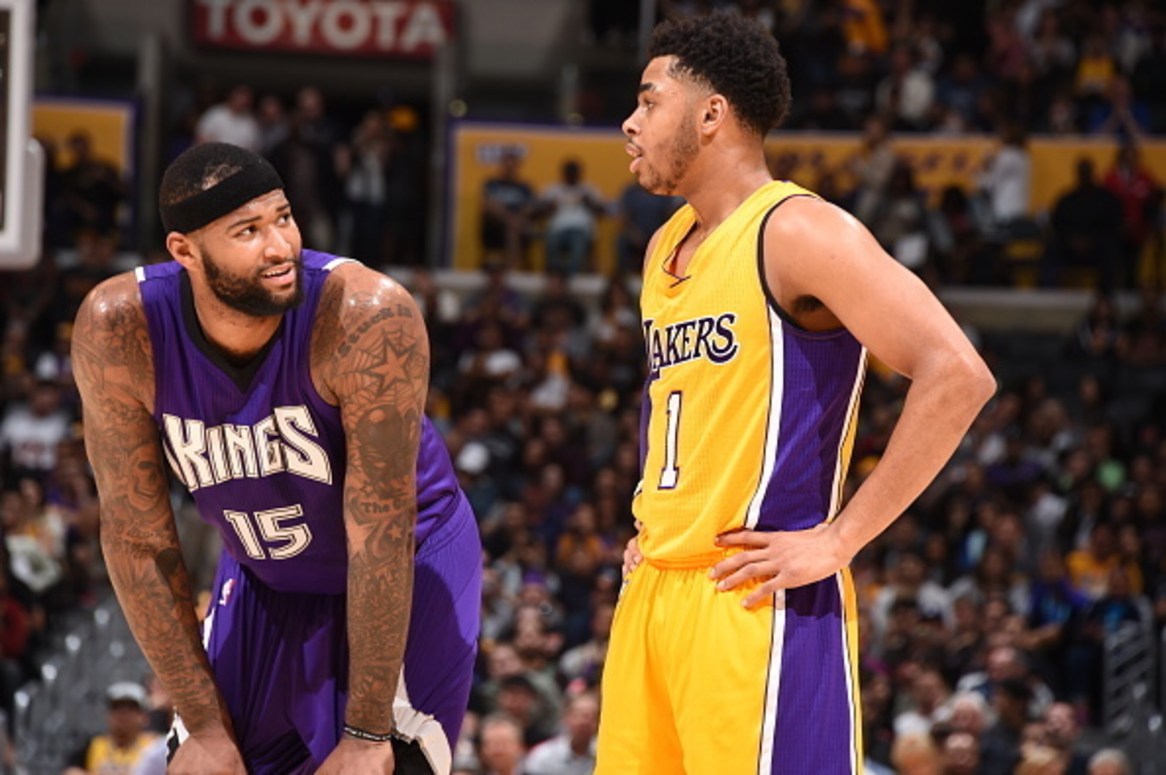 LOS ANGELES, CA - MARCH 15: DeMarcus Cousins #15 of the Sacramento Kings and D'Angelo Russell #1 of the Los Angeles Lakers during the game on March 15, 2016 at STAPLES Center in Los Angeles, California. NOTE TO USER: User expressly acknowledges and agree LOS ANGELES, CA - MARCH 15: DeMarcus Cousins #15 of the Sacramento Kings and D'Angelo Russell #1 of the Los Angeles Lakers during the game on March 15, 2016 at STAPLES Center in Los Angeles, California. NOTE TO USER: User expressly acknowledges and agree