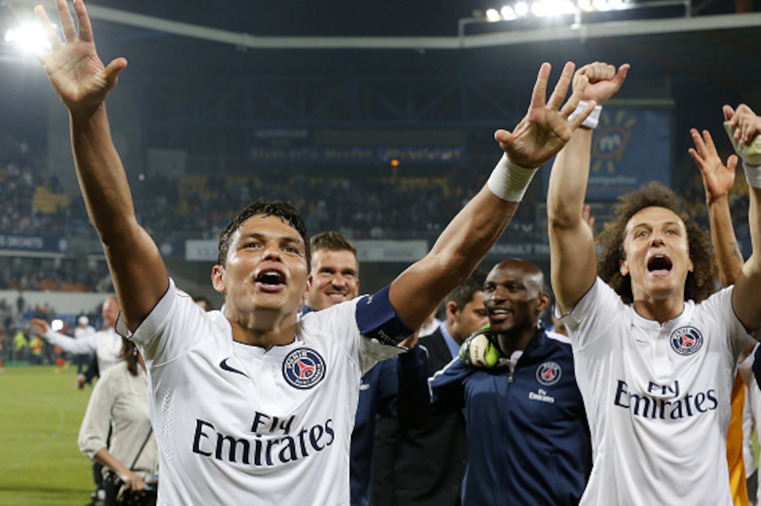 MONTPELLIER, FRANCE - MAY 16: Thiago Silva and David Luiz of PSG celebrates the victory of PSG in French Ligue 1 Championship after their victory in the French Ligue 1 match between Montpellier Herault SC (MHSC) and Paris Saint-Germain (PSG) at Stade de MONTPELLIER, FRANCE - MAY 16: Thiago Silva and David Luiz of PSG celebrates the victory of PSG in French Ligue 1 Championship after their victory in the French Ligue 1 match between Montpellier Herault SC (MHSC) and Paris Saint-Germain (PSG) at Stade de