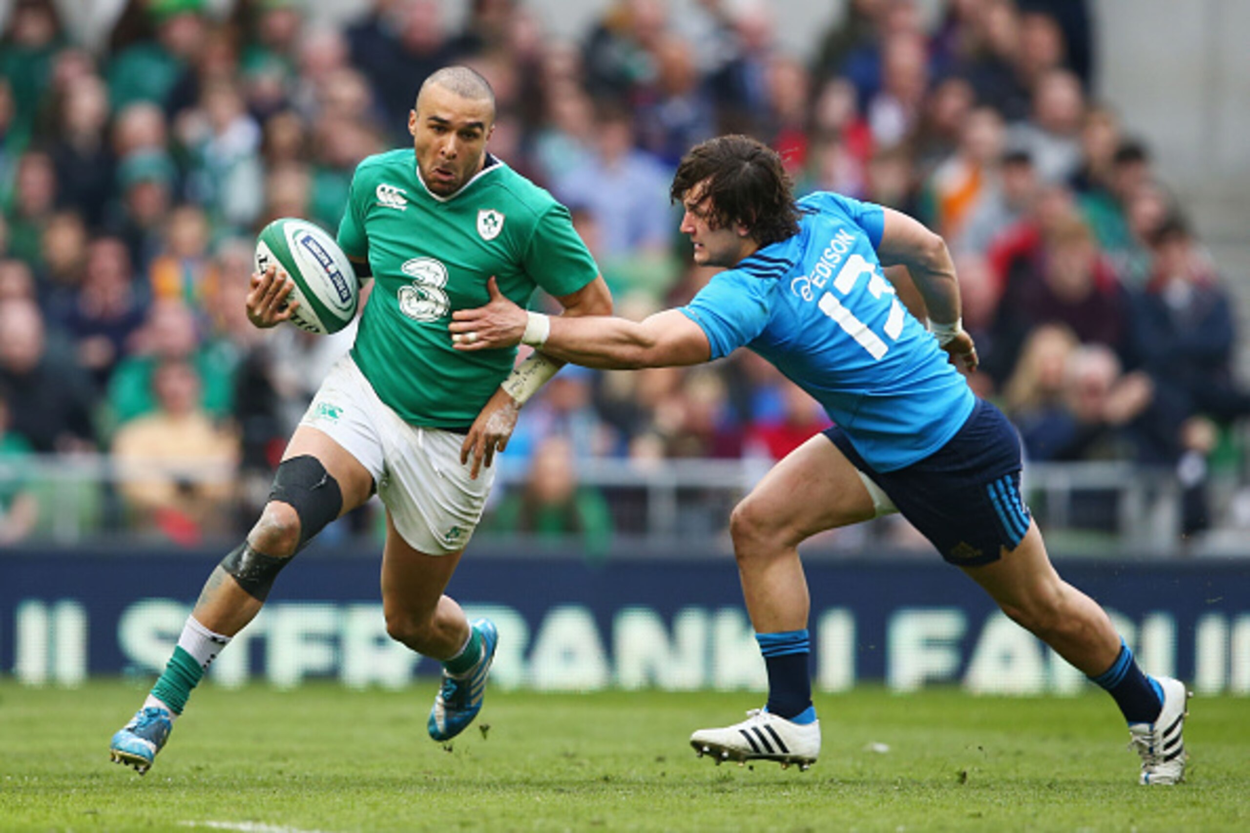 DUBLIN, IRELAND - MARCH 12:  Simon Zebo of Ireland is tackled by Michele Campagnaro of Italy during the RBS Six Nations match between Ireland and Italy at Aviva Stadium on March 12, 2016 in Dublin, Ireland.  (Photo by Michael Steele/Getty Images)