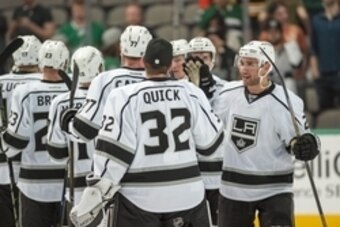 Mar 15, 2016; Dallas, TX, USA; The Los Angeles Kings celebrate the win over the Dallas Stars at the American Airlines Center. The Kings defeat the Stars 5-2. Mandatory Credit: Jerome Miron-USA TODAY Sports