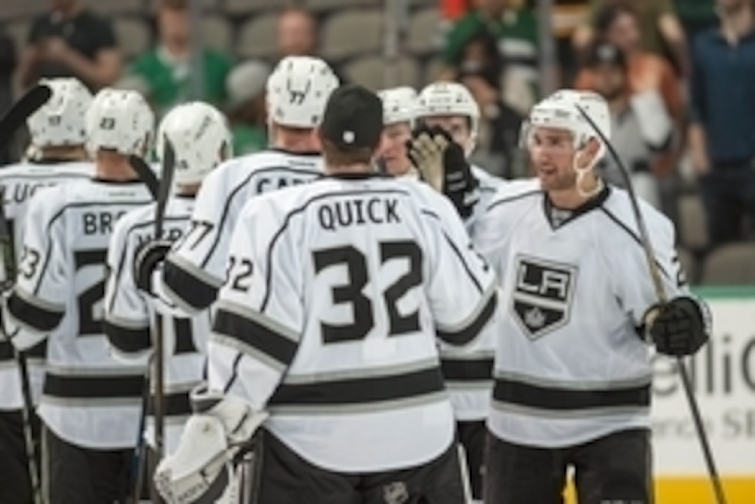 Mar 15, 2016; Dallas, TX, USA; The Los Angeles Kings celebrate the win over the Dallas Stars at the American Airlines Center. The Kings defeat the Stars 5-2. Mandatory Credit: Jerome Miron-USA TODAY Sports