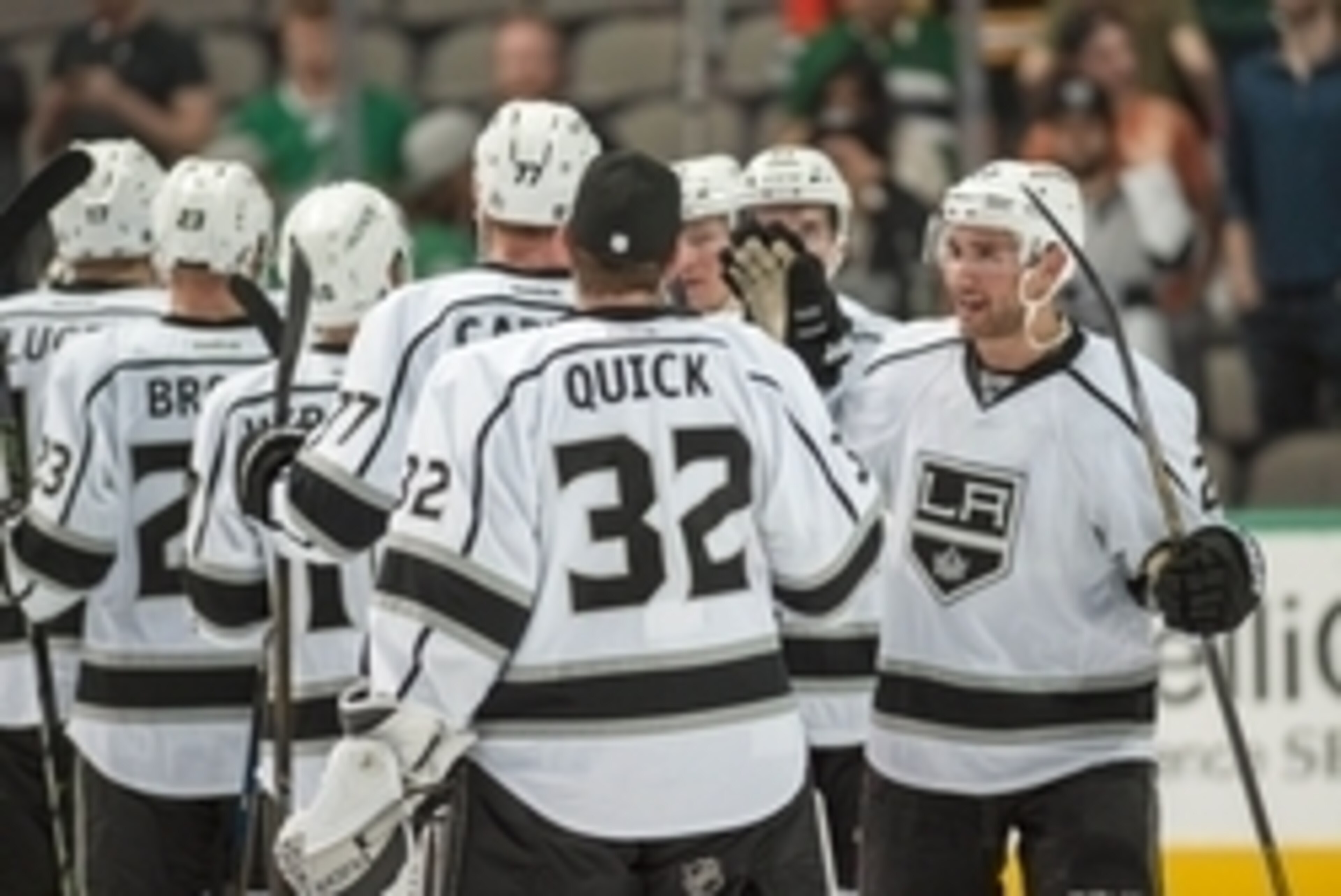 Mar 15, 2016; Dallas, TX, USA; The Los Angeles Kings celebrate the win over the Dallas Stars at the American Airlines Center. The Kings defeat the Stars 5-2. Mandatory Credit: Jerome Miron-USA TODAY Sports