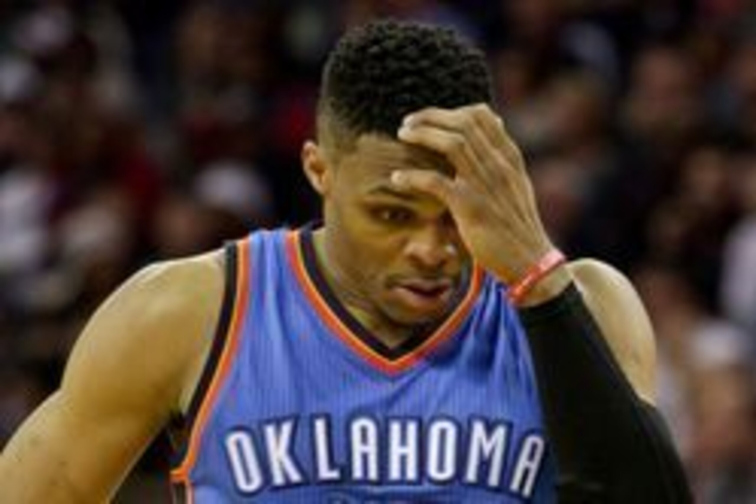 Feb 25, 2016; New Orleans, LA, USA; Oklahoma City Thunder guard Russell Westbrook (0) reacts during the fourth quarter against the New Orleans Pelicans in a game at Smoothie King Center. The Pelicans defeated the Thunder 123-119. Mandatory Credit: Derick 