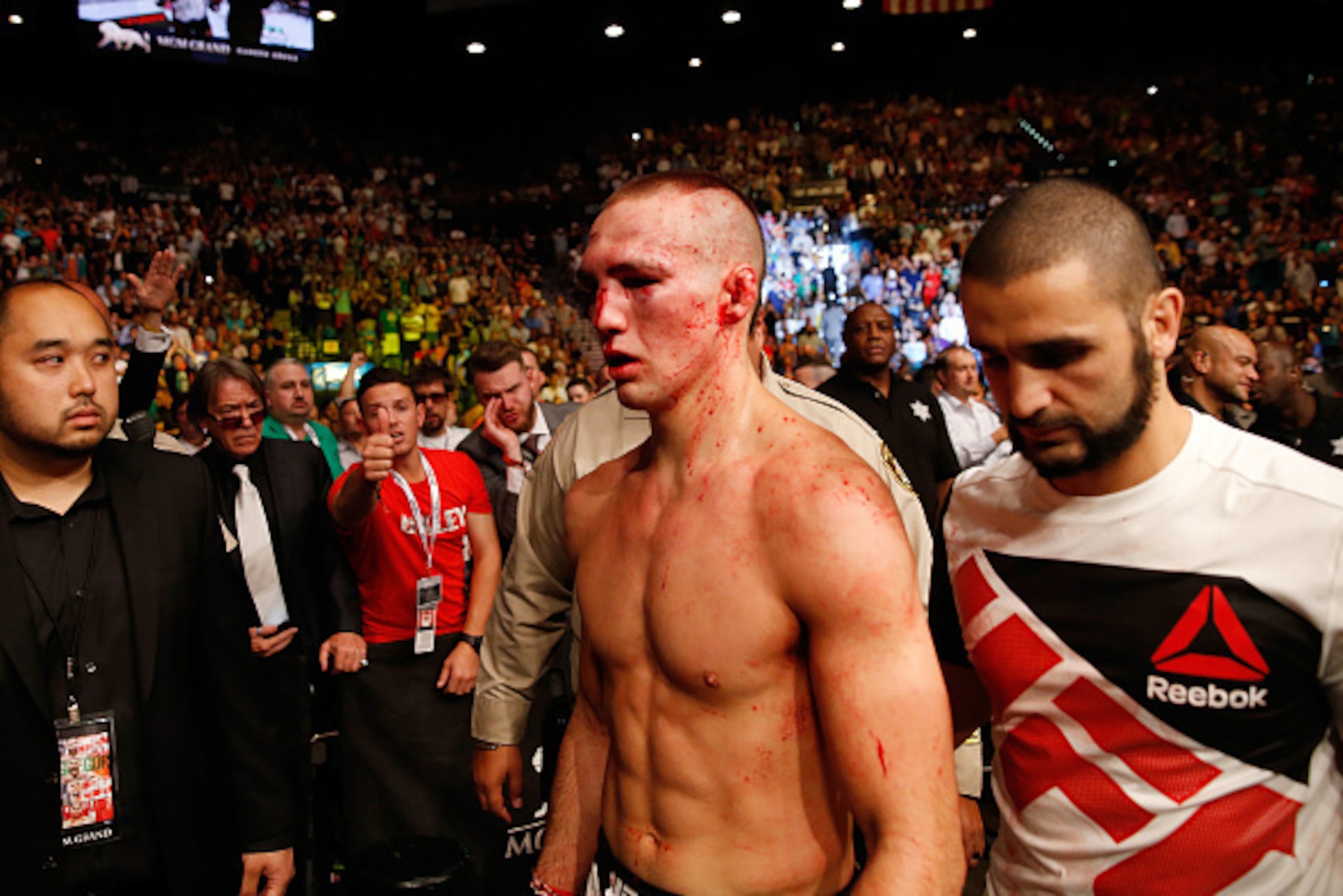 LAS VEGAS, NV - JULY 11:  Rory MacDonald exits the Octagon after his UFC welterweight title fight during the UFC 189 event inside MGM Grand Garden Arena on July 11, 2015 in Las Vegas, Nevada.  (Photo by Christian Petersen/Zuffa LLC/Zuffa LLC via Getty Ima