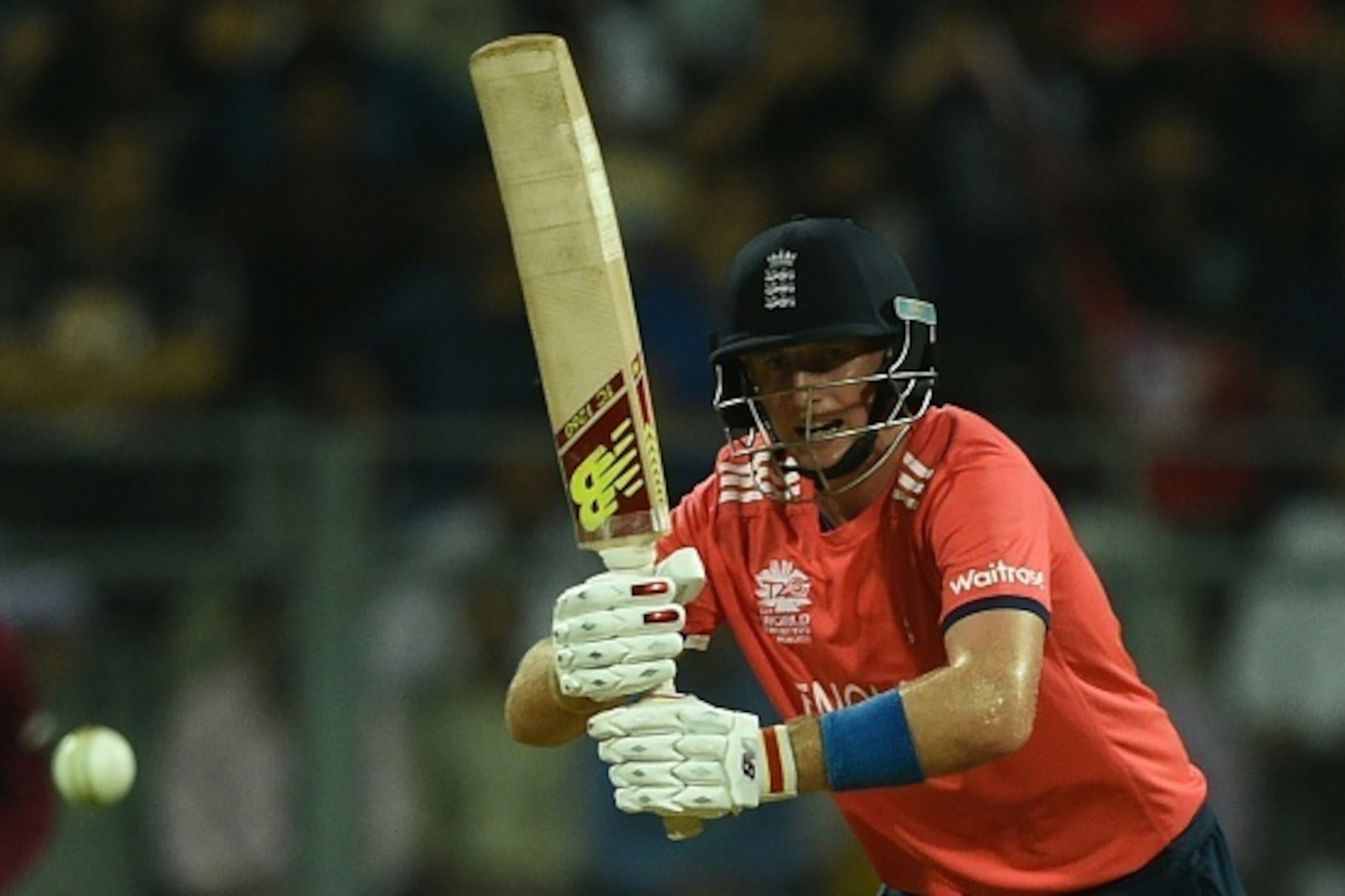 England's Joe Root plays a shot during the World T20 cricket tournament match between England and West Indies at The Wankhede Cricket Stadium in Mumbai on March 16, 2016.
 / AFP / INDRANIL MUKHERJEE        (Photo credit should read INDRANIL MUKHERJEE/AFP/
